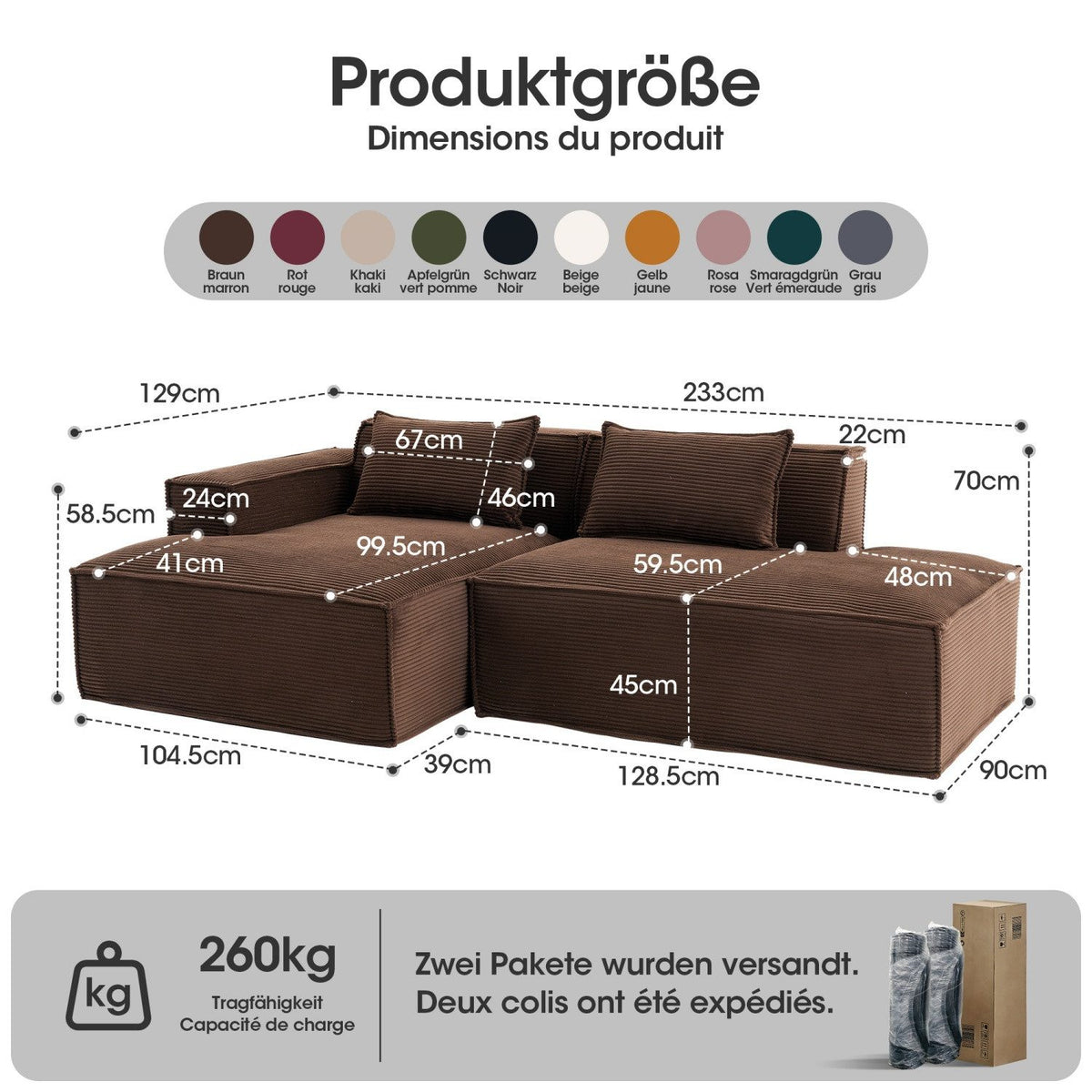 Modulares Cord Ecksofa in Braun mit tiefer Sitzfläche im Wohnraum
