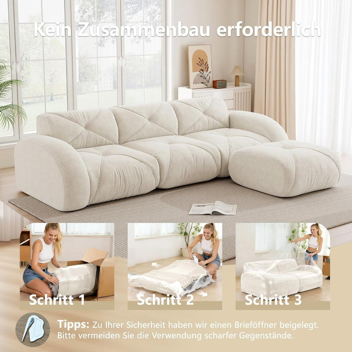 Cord Sofa in Weiss in L-Form von vorne