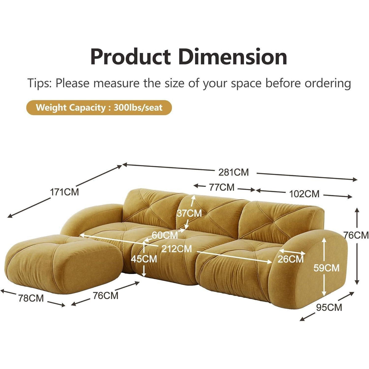Gelbes Cord Modulsofa mit Fußhocker im Wohnzimmer