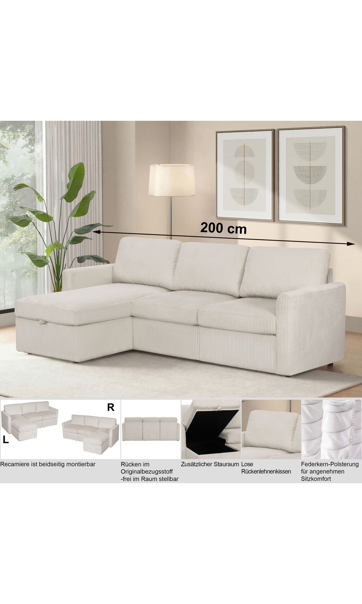 Cord Ecksofa NORDHUS Recamiere mit Staufach