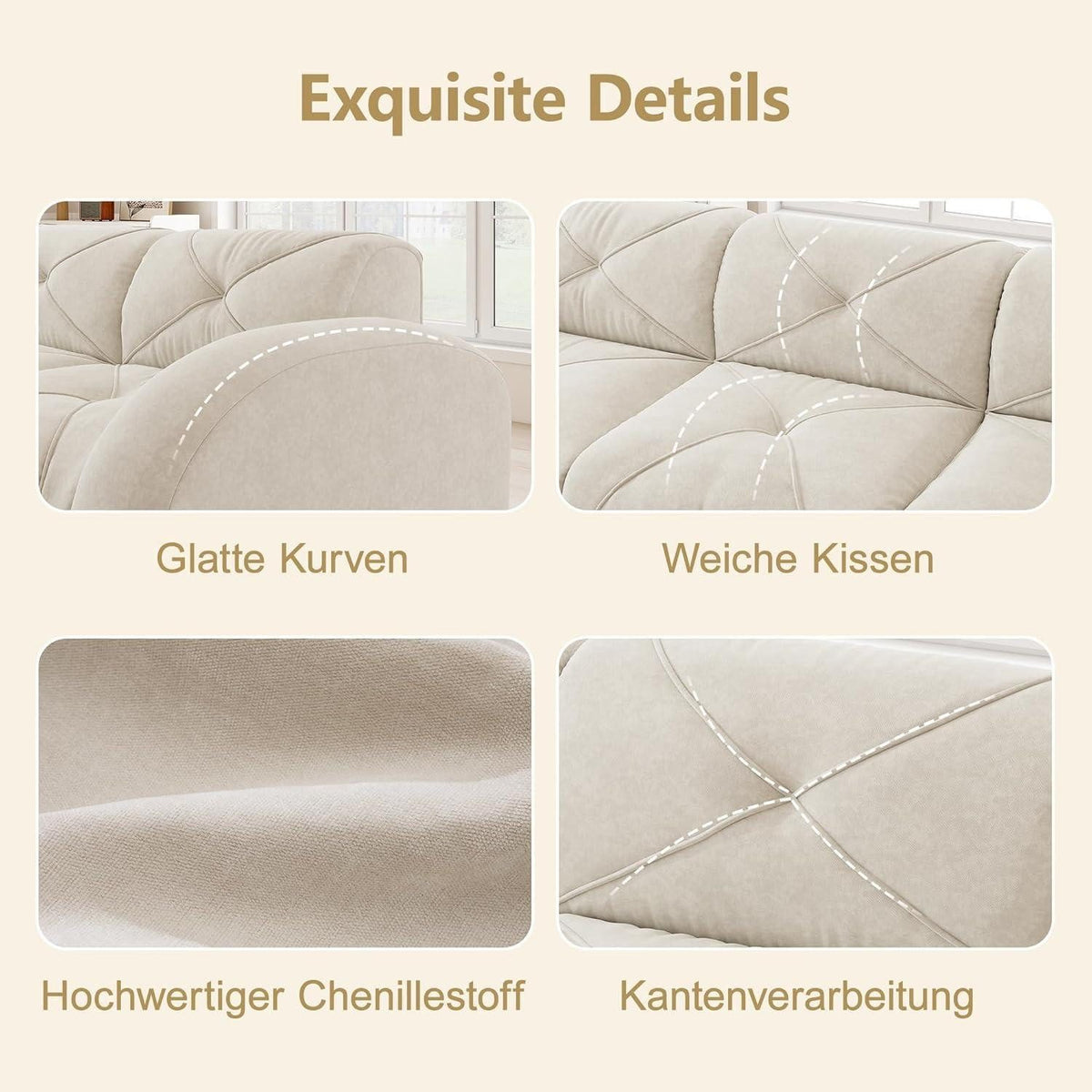 Weiße Cord Wohnlandschaft mit flachem bodennahem Design