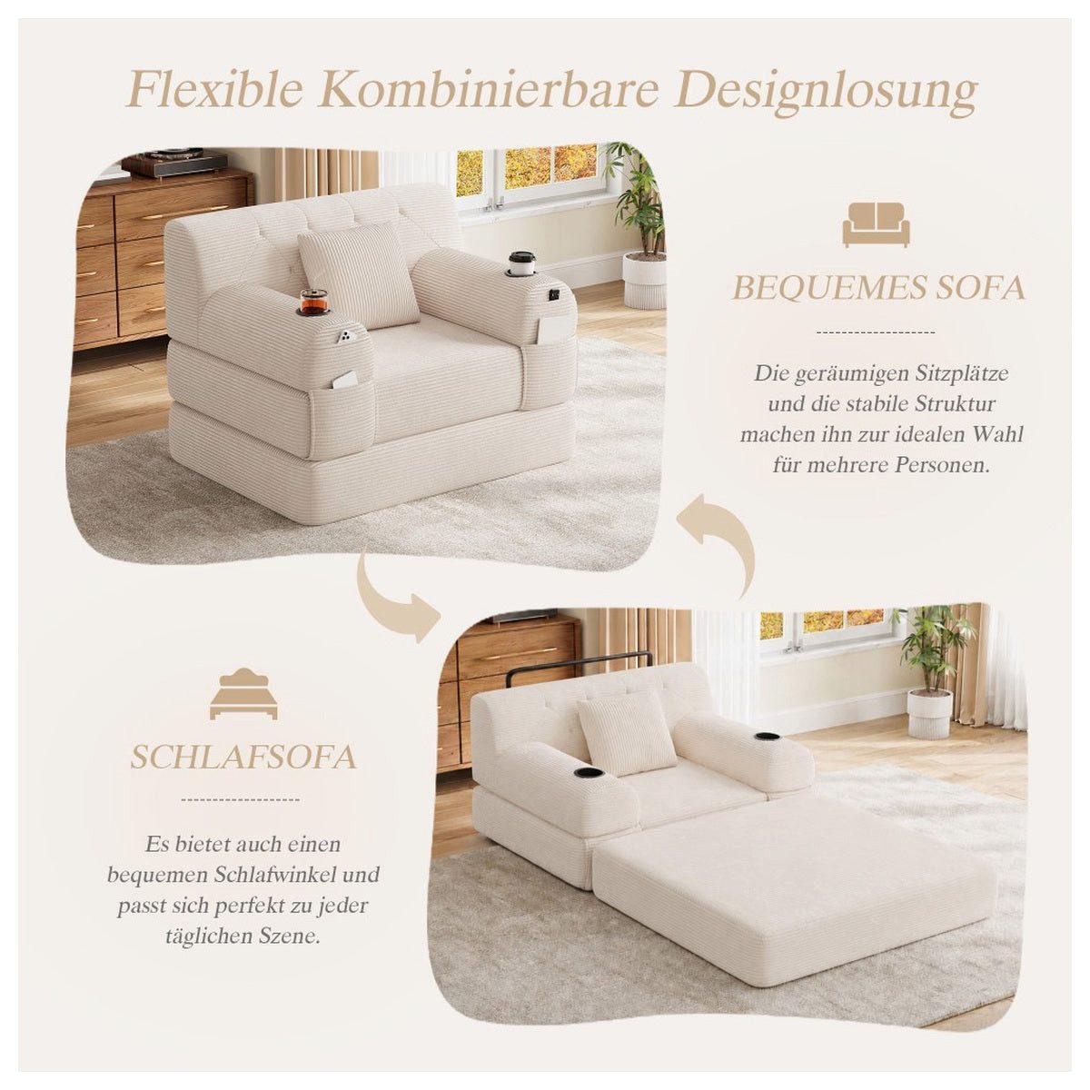 Cord Schlafsofa SIKAINI mit ausgeklappter Liegefläche