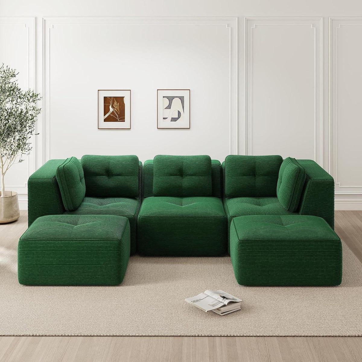 Fußhocker des grünen modularen Cord Ecksofas