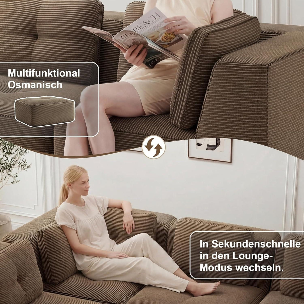 Detailansicht des braunen Cordbezugs mit perlenbesetzter Paspel