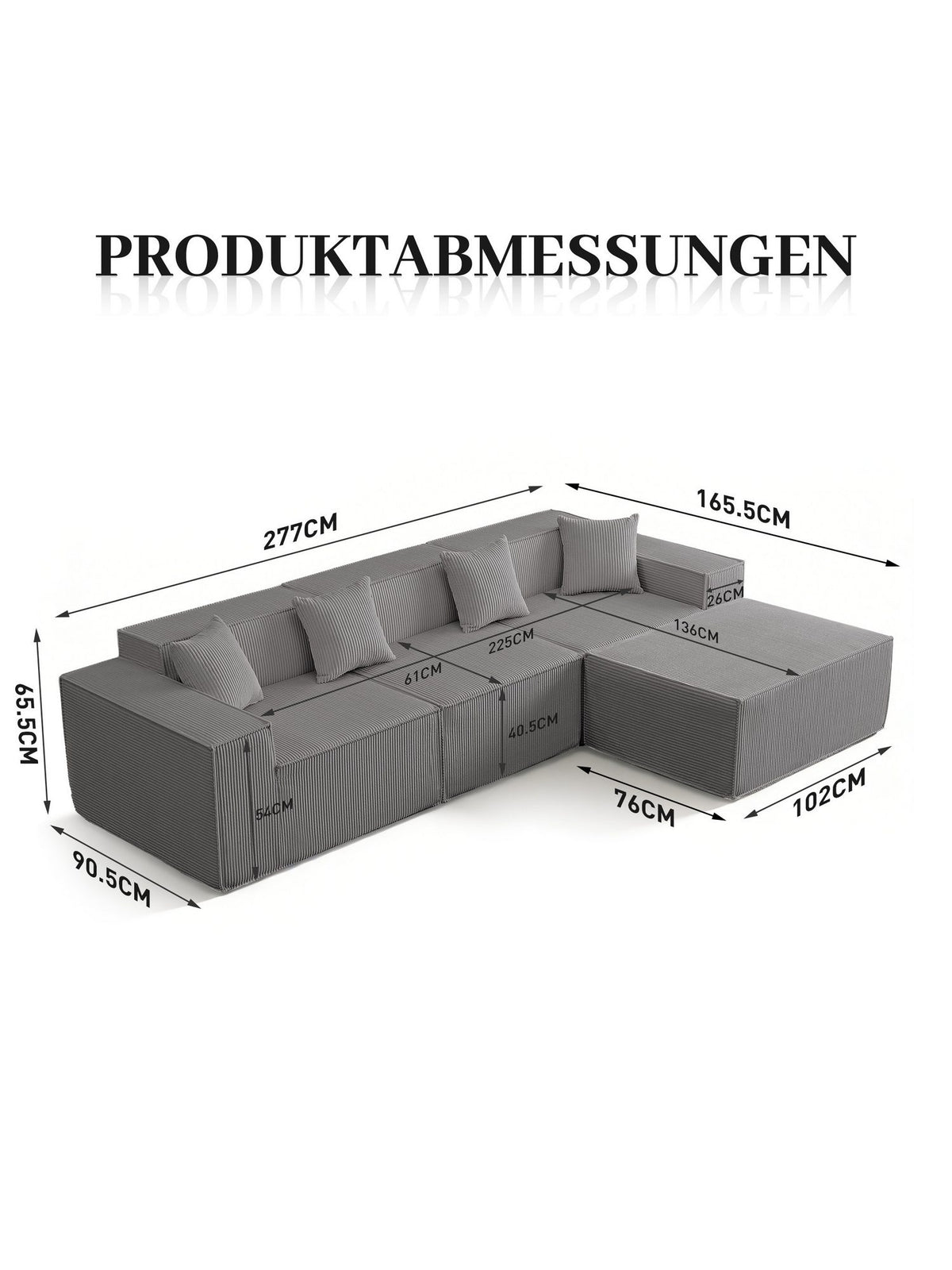 Sitzfläche des grauen Cord Ecksofas von oben