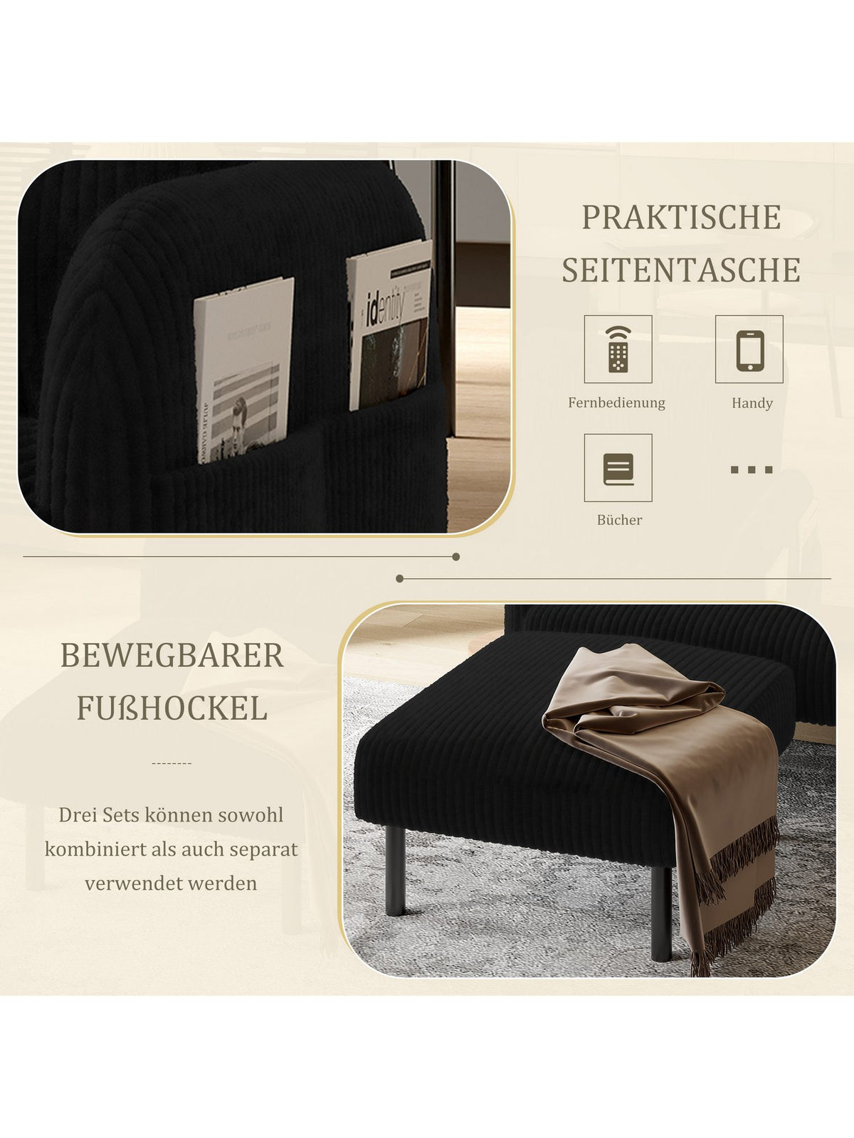 Cord Sofa BLINGBIN in Schwarz seitlich