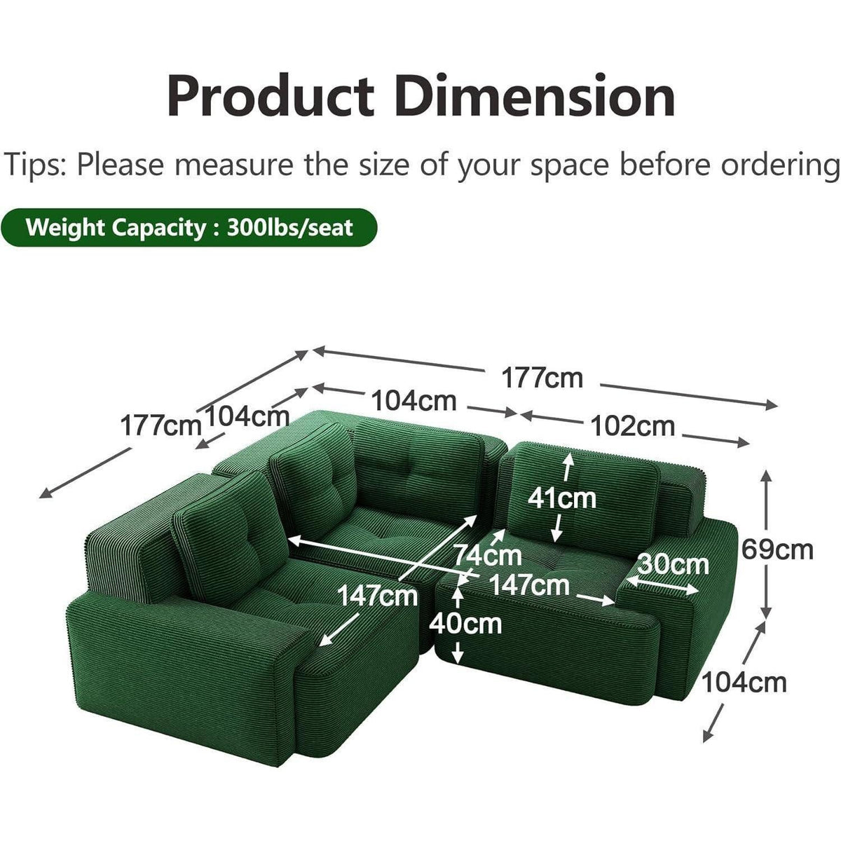Grünes Cord Ecksofa mit Ottoman im Wohnzimmer