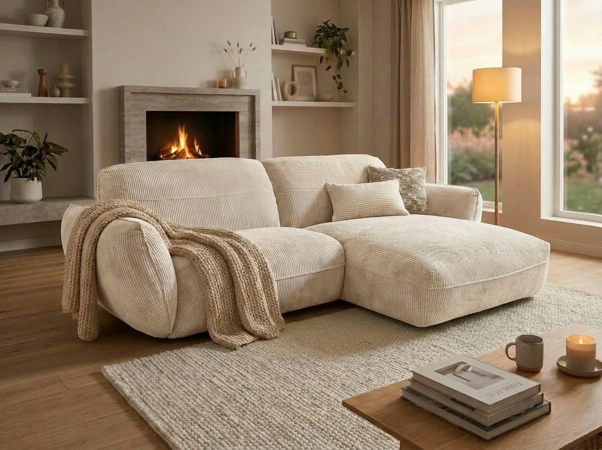 Cord Ecksofa BE CHILLED in Cream aus seitlicher Perspektive
