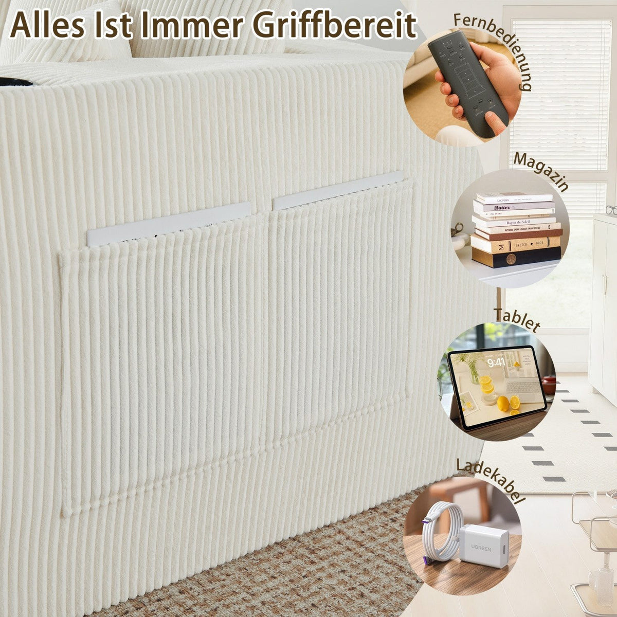 Cord Ecksofa in Beige als große Liegefläche aufgebaut
