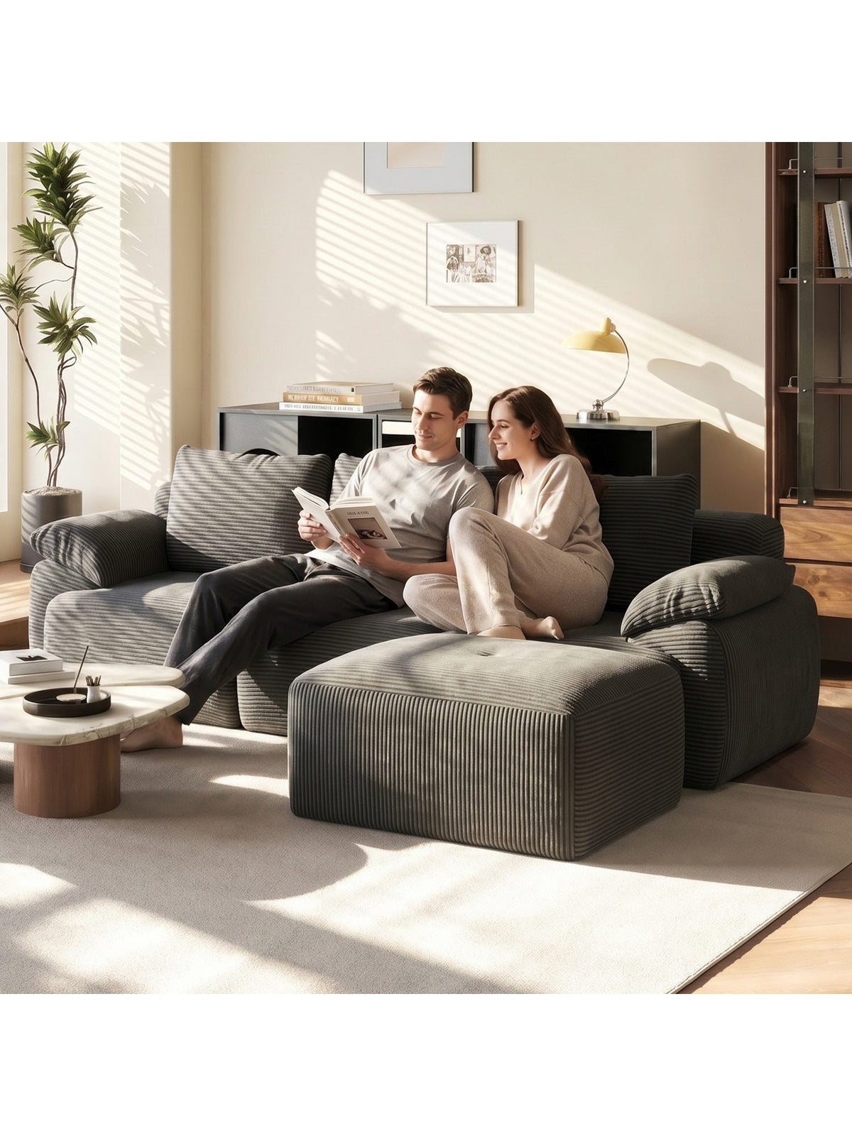 Modulares Cord Ecksofa FUROKOY in Grau von der Seite