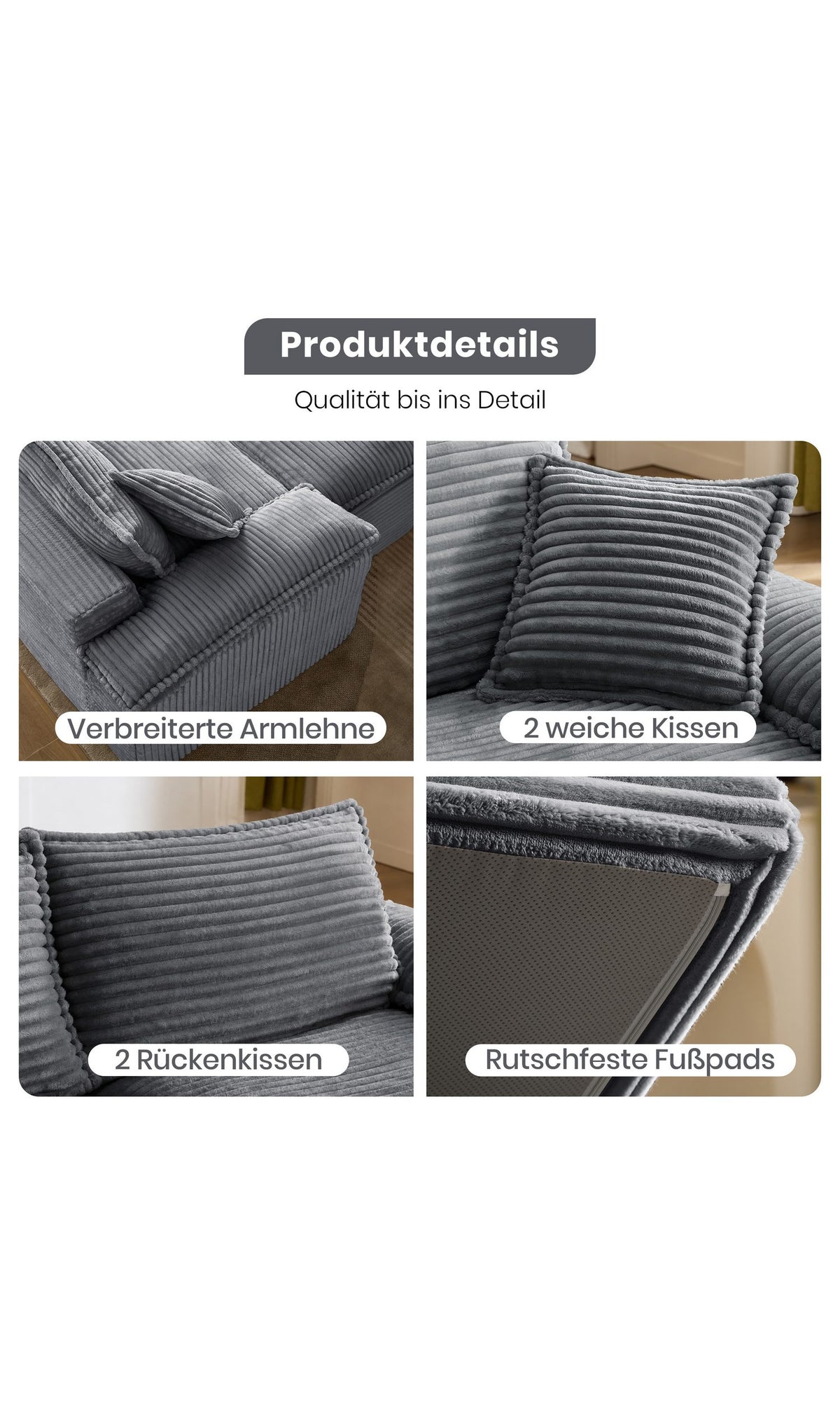 Cord Schlafsofa Grau mit separatem Hocker