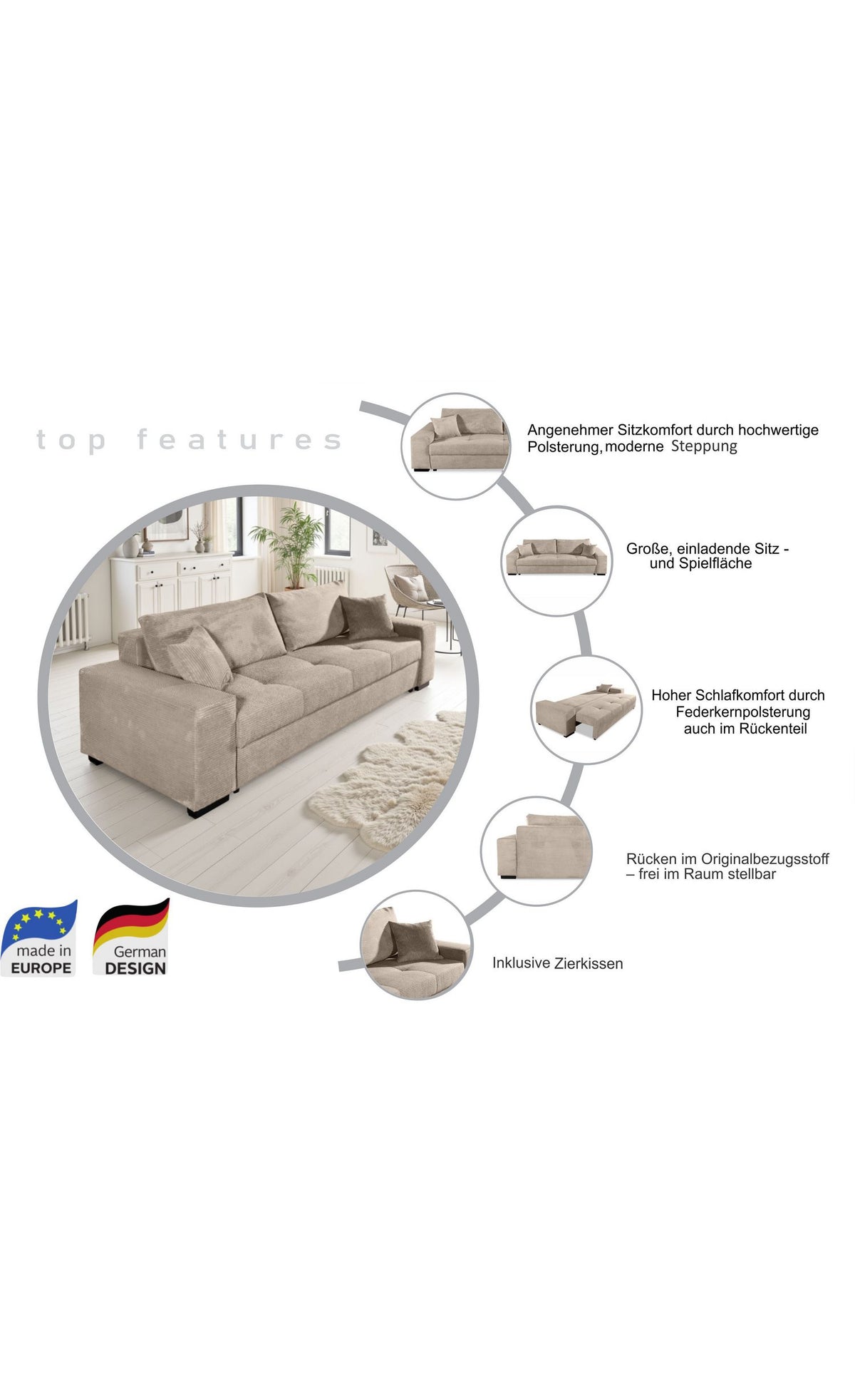 Geoeffneter Bettkasten des Cord Schlafsofas KRETA