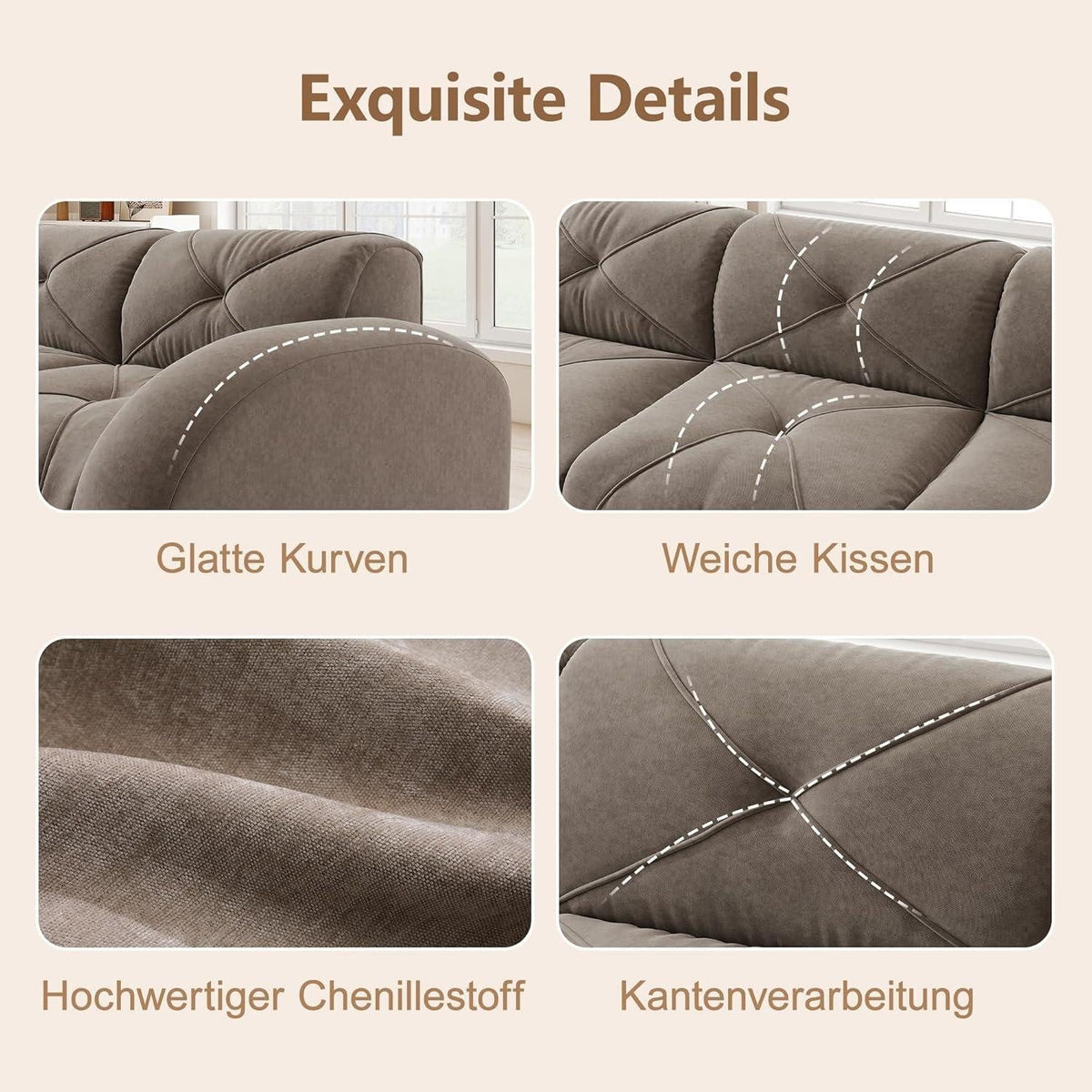 Rahmenloses Cord Modulsofa in Braun seitlich