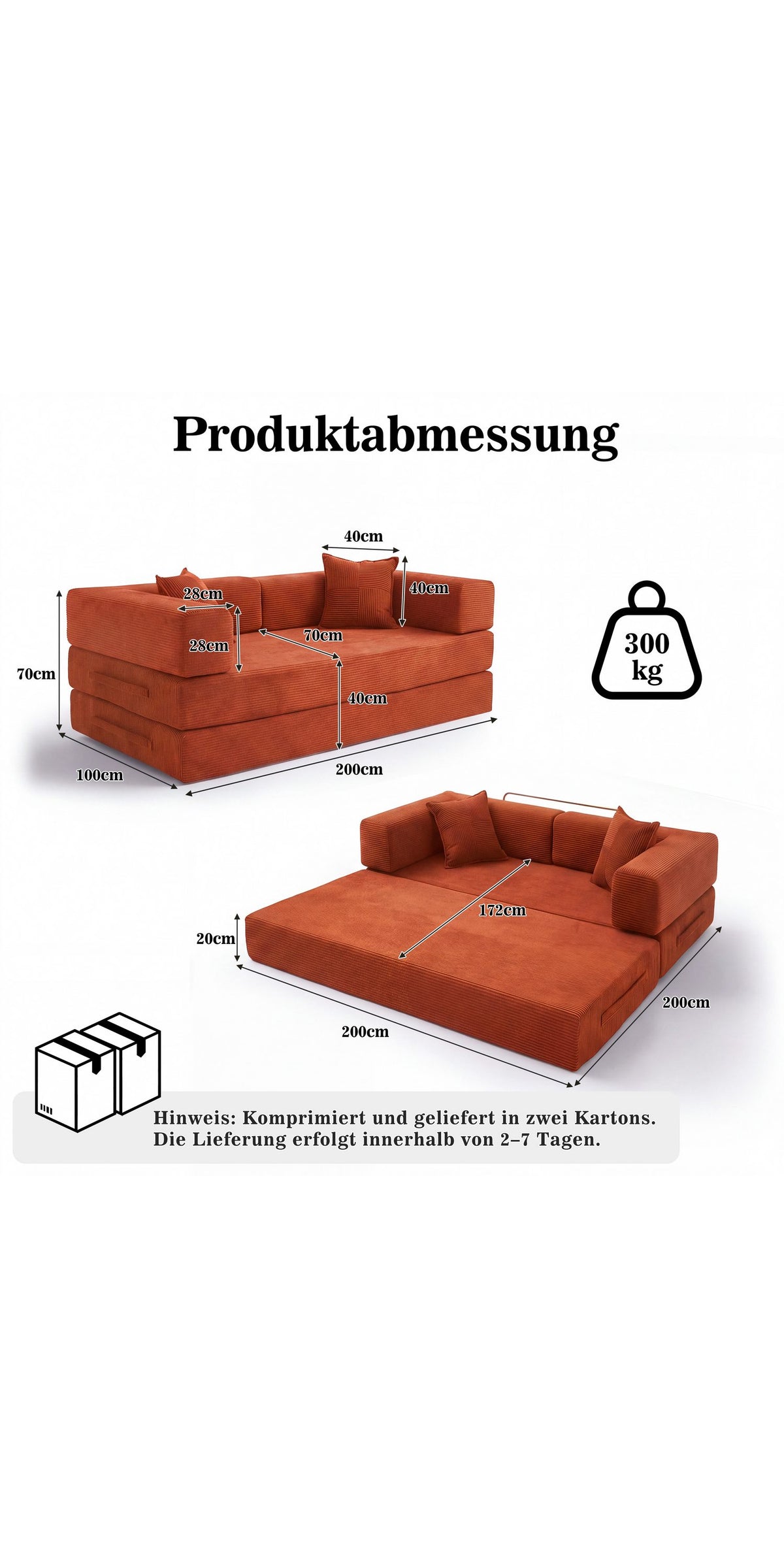 Orangefarbenes Cord Schlafsofa im Wohnzimmer
