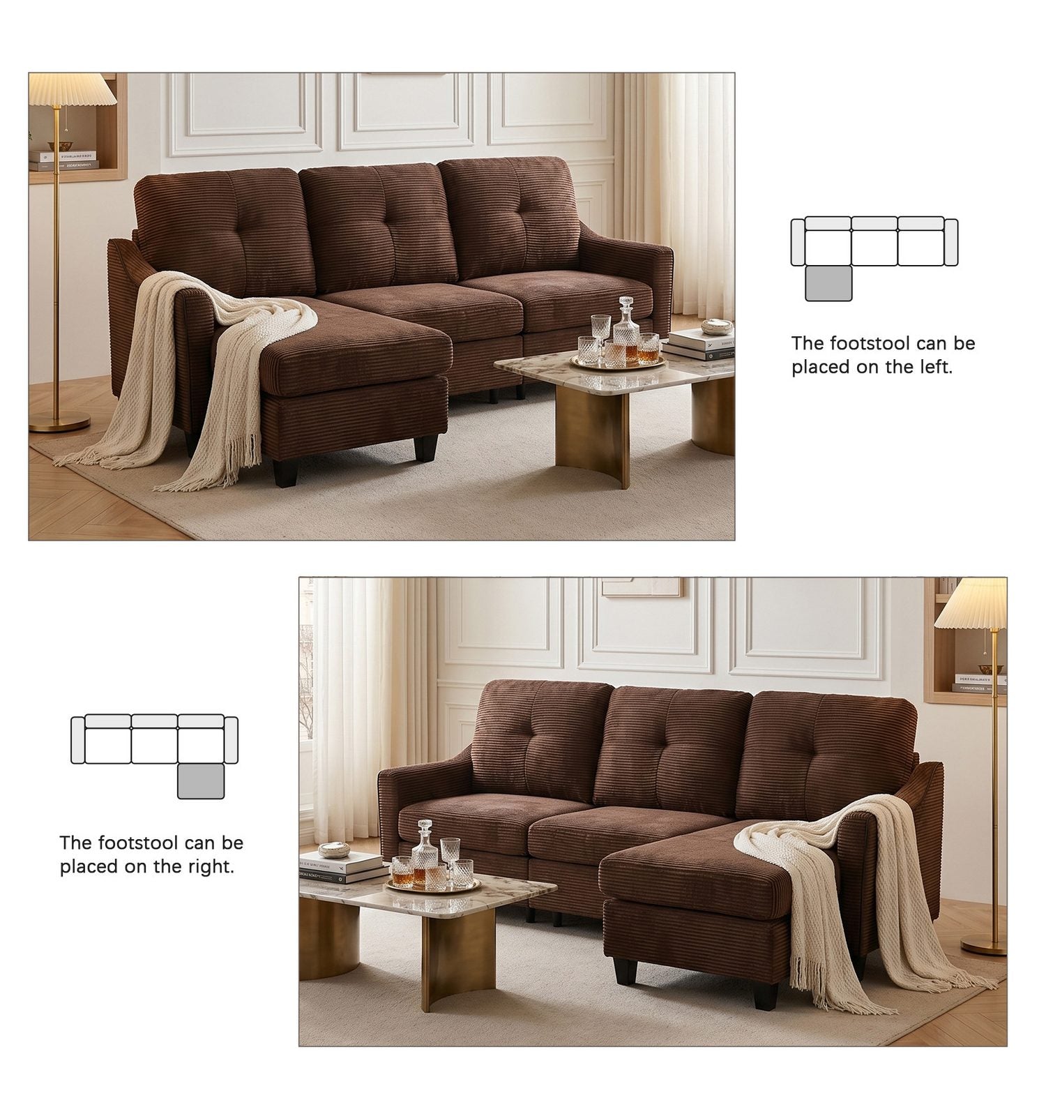 Cord Ecksofa in Braun mit Hocker auf der linken Seite
