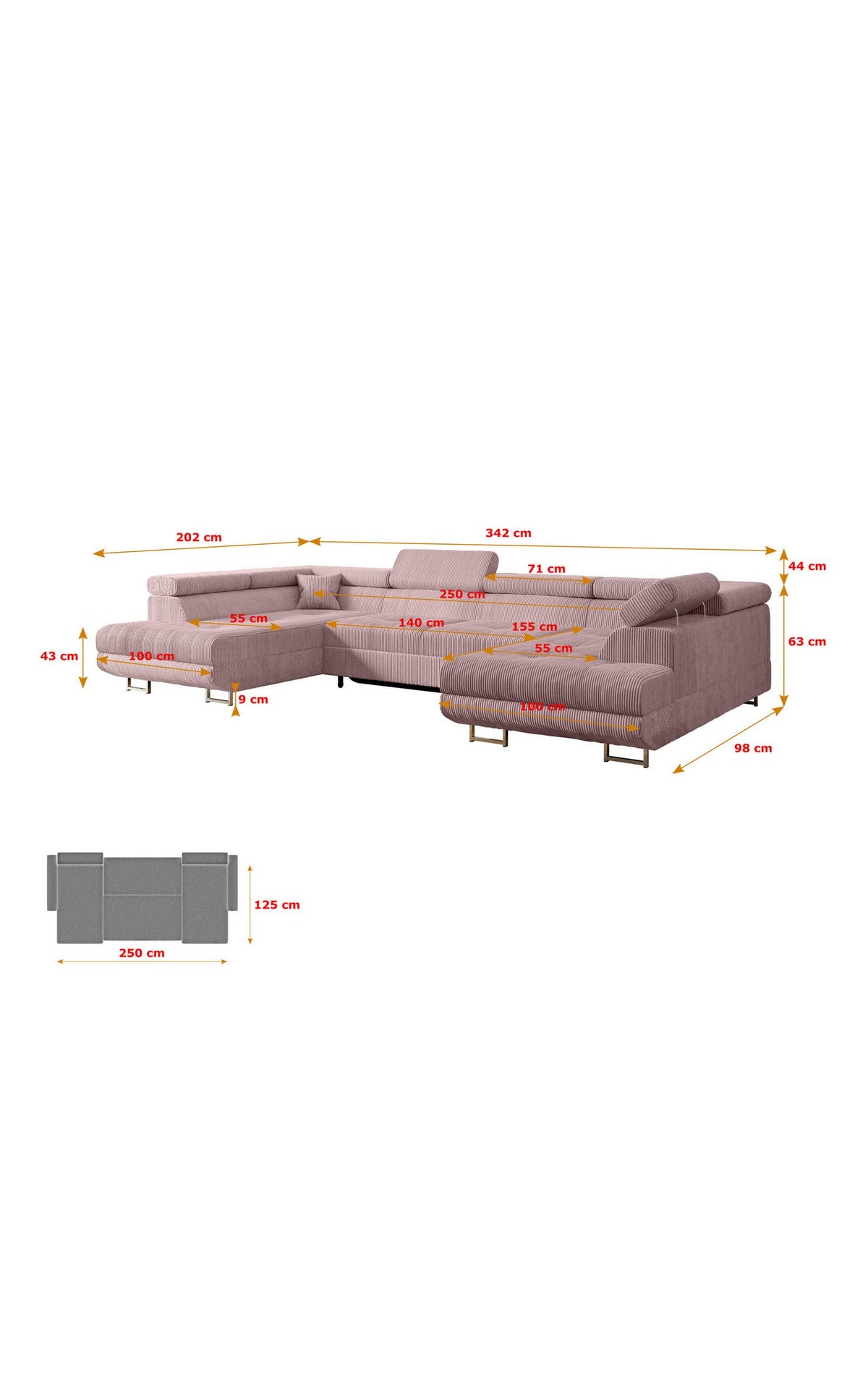 Nahaufnahme des rosa Cordbezugs der Wohnlandschaft GUSA-U