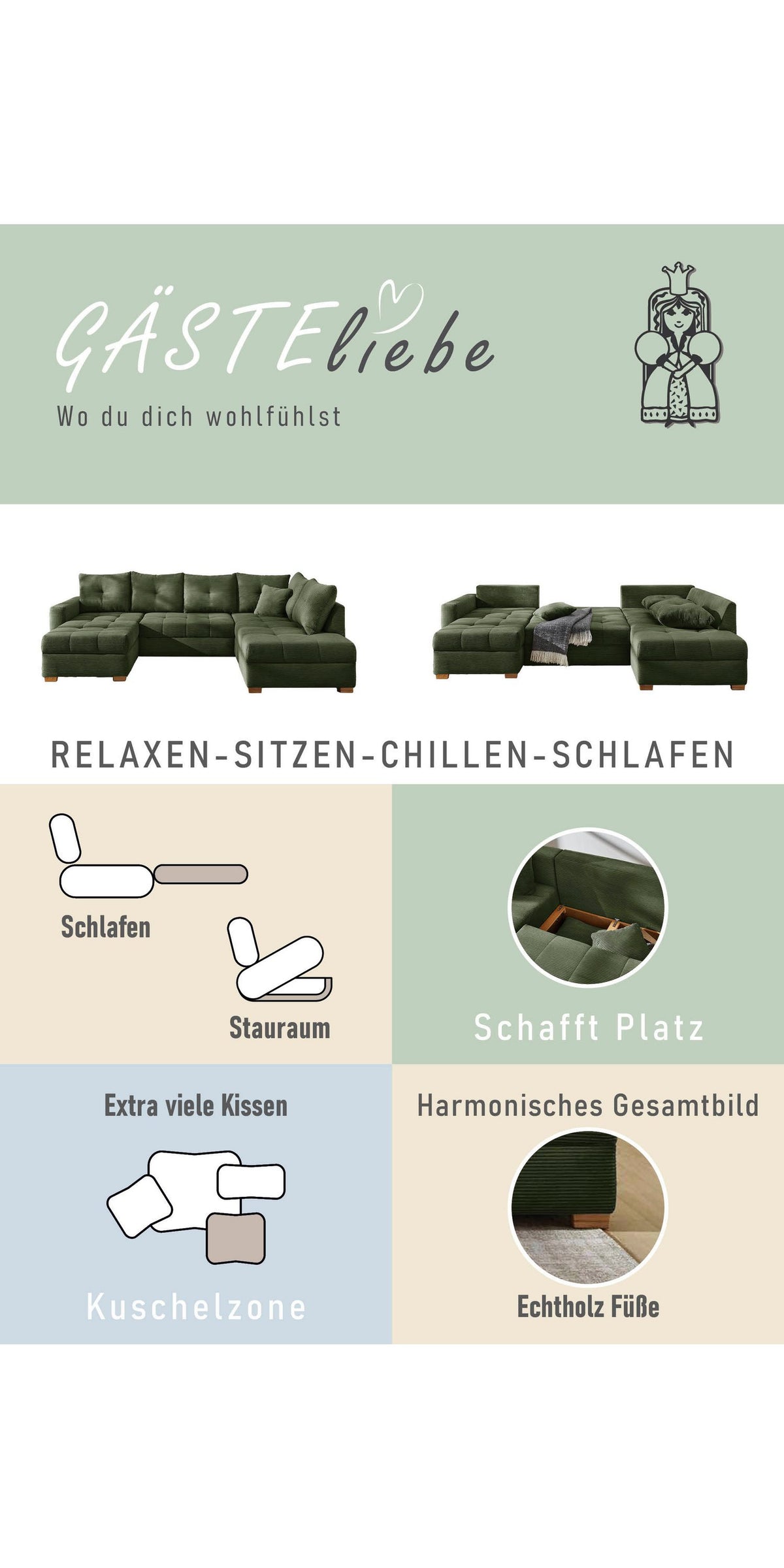 Massive Echtholzfüße in Eiche der Wohnlandschaft ABBY