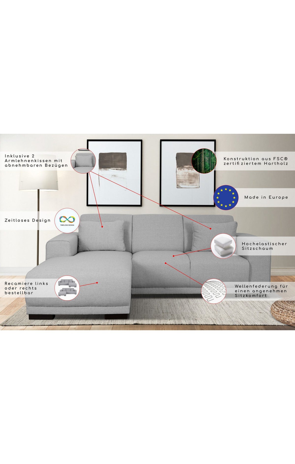Cord Ecksofa BORNHOLM Vierkantfuß im Detail