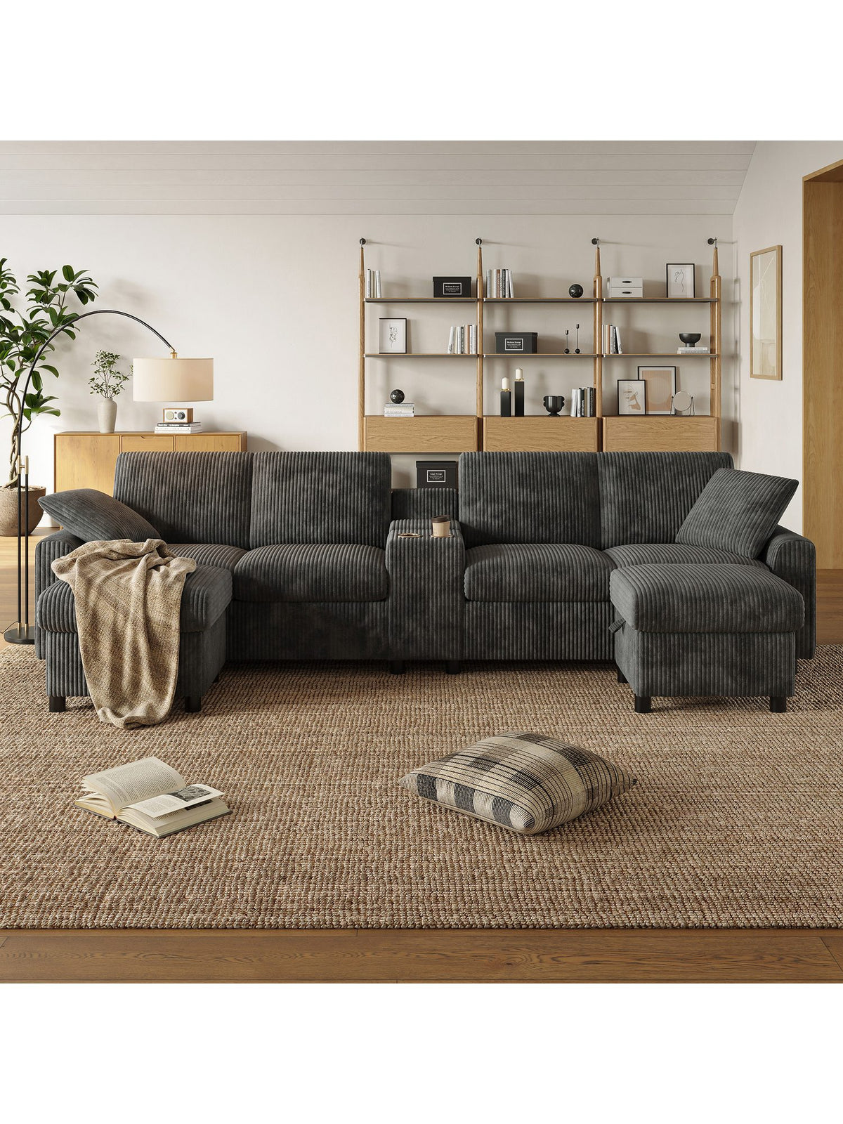 Cord Wohnlandschaft in U-Form in Grau im Wohnzimmer