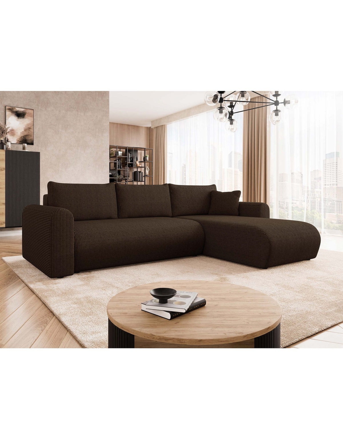 Cord Ecksofa ELIWO mit geöffnetem Bettkasten