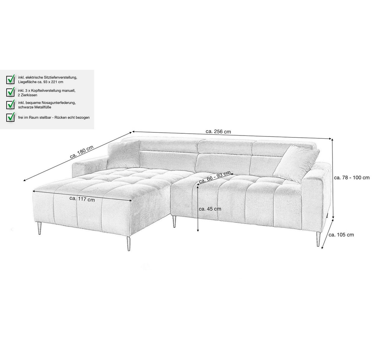 Cord Ecksofa SIMPLE mit ausgefahrener Sitztiefe