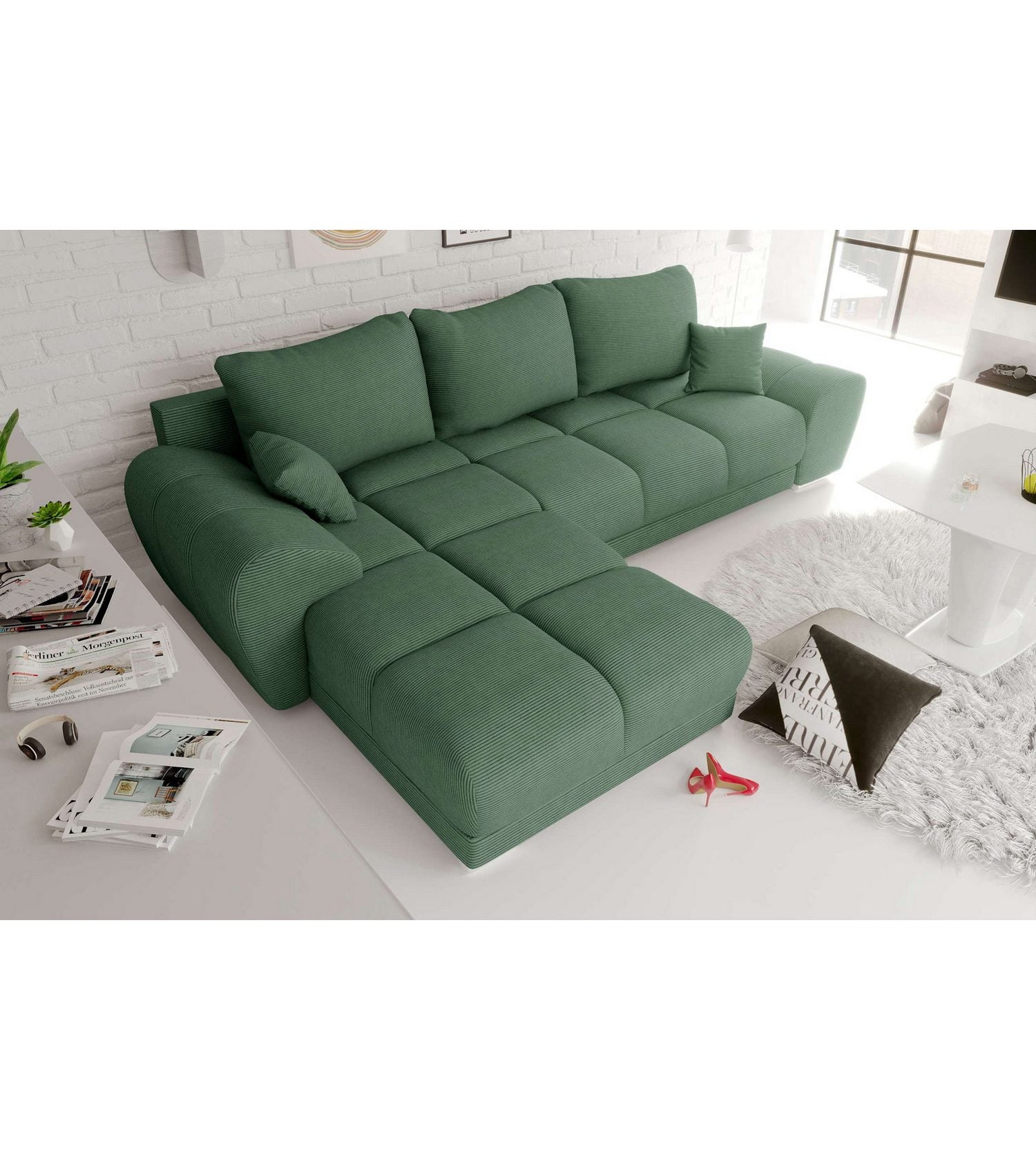 Cord Ecksofa ANTALYA in Khaki aus seitlicher Perspektive