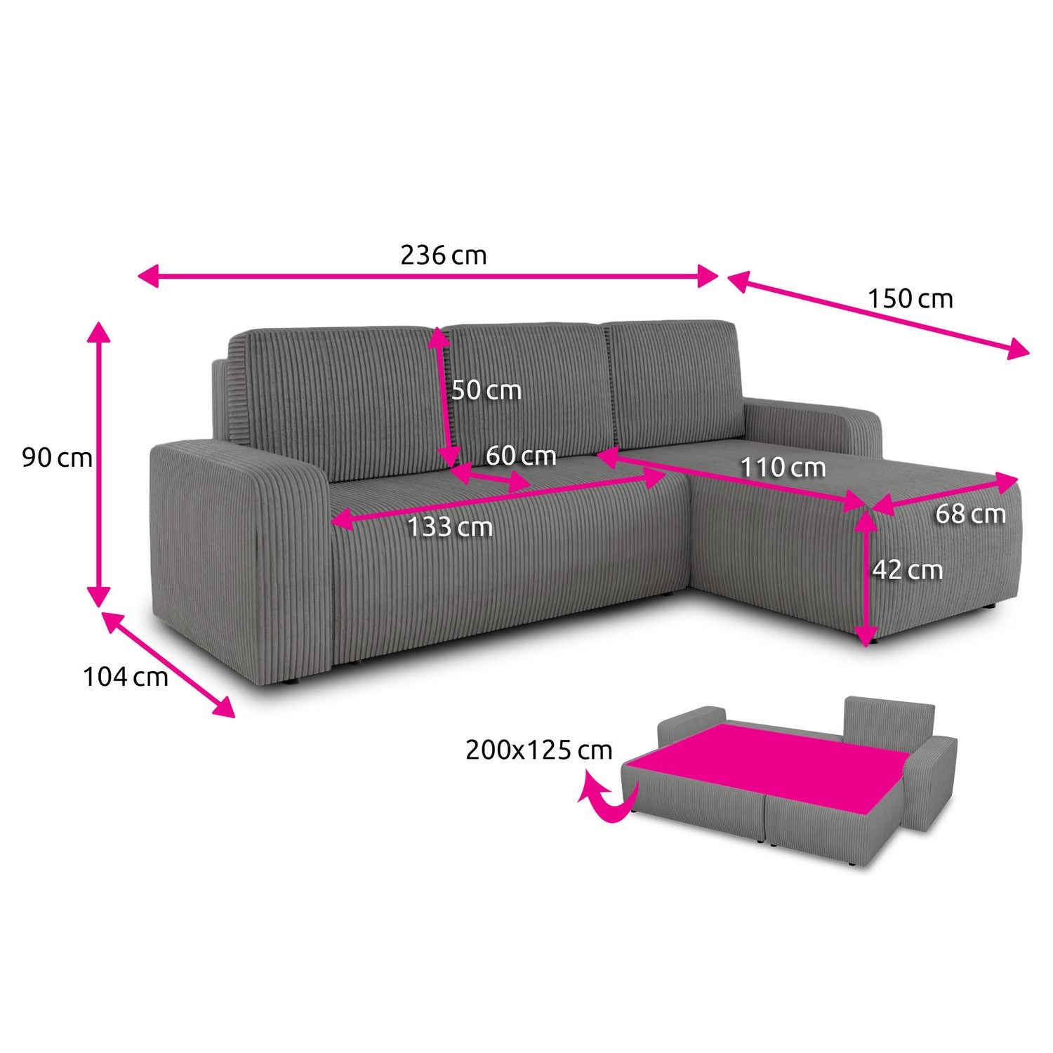 Graues Cord Ecksofa ROMA L in L-Form Ansicht 4