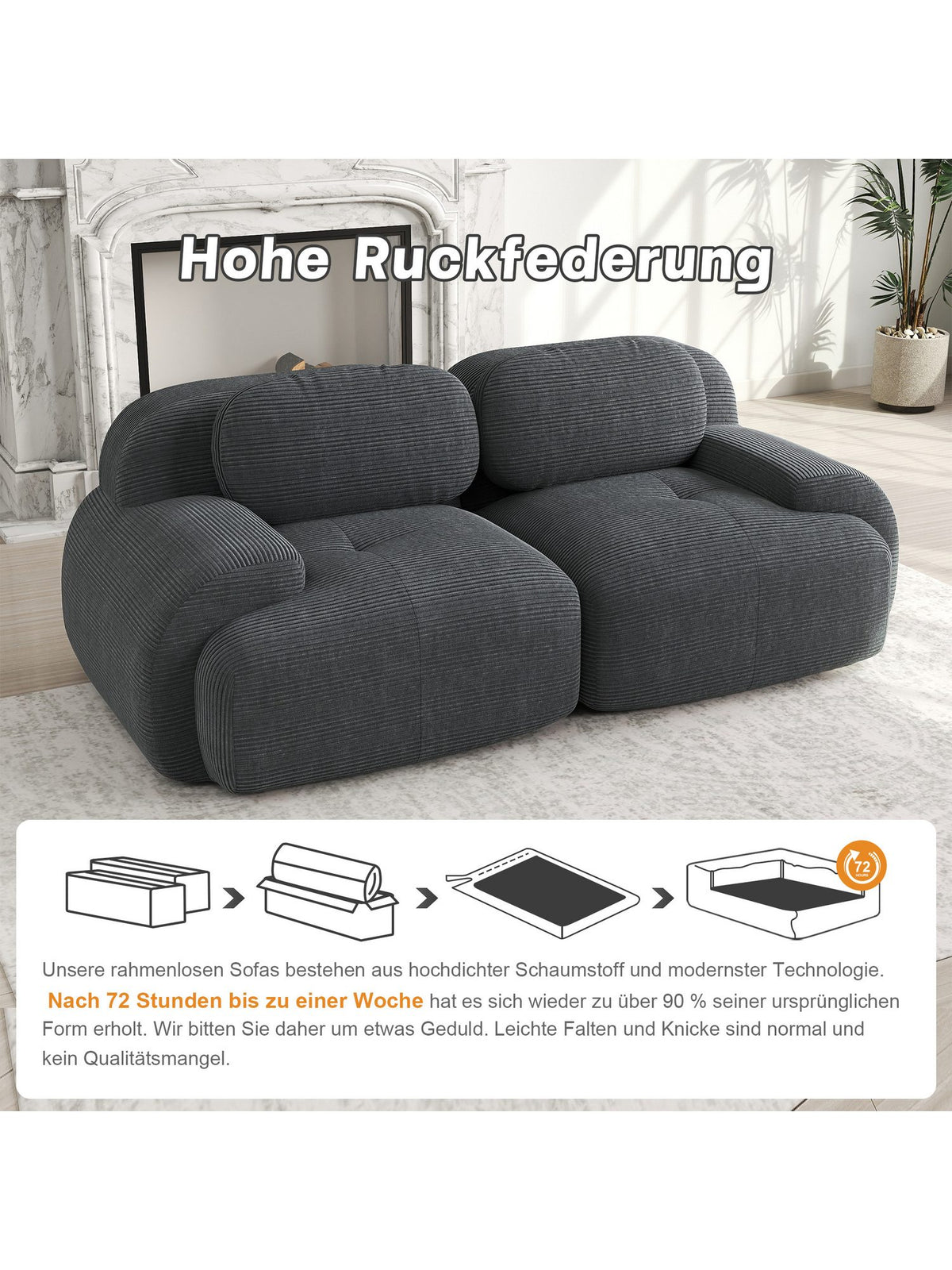 Rahmenloses Cord Sofa in Beige Gesamtansicht