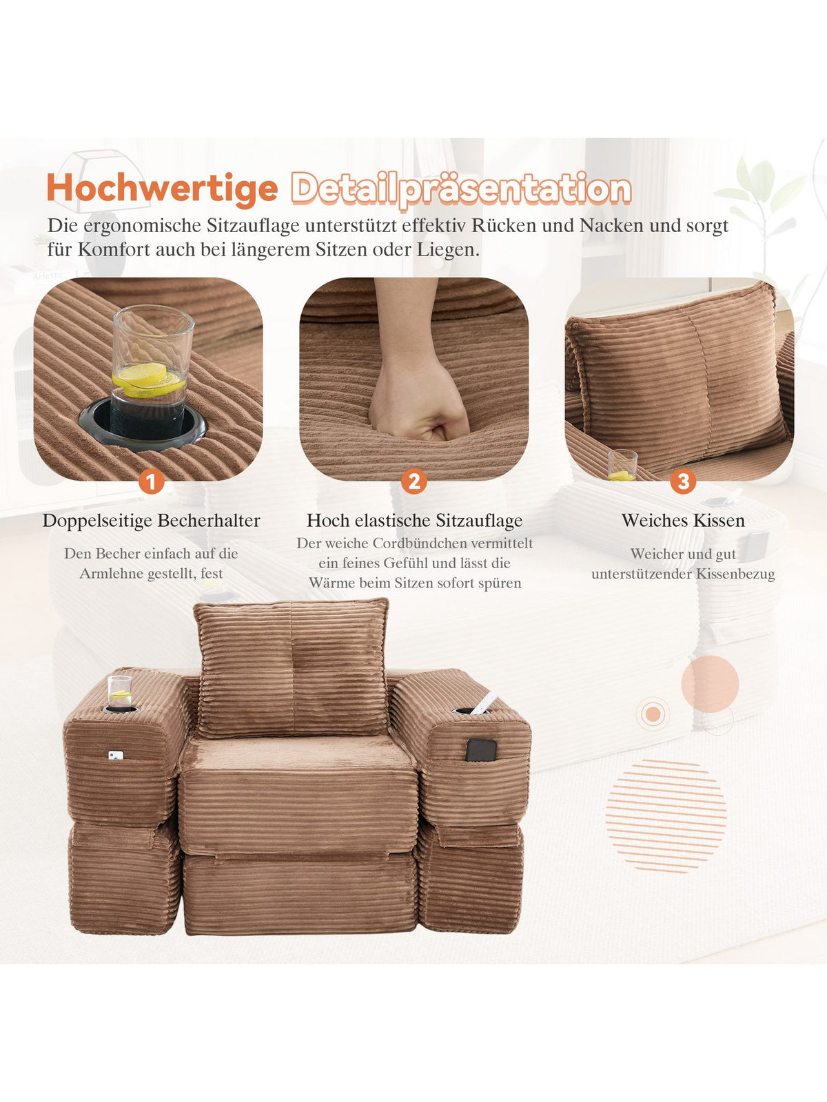 Integrierte Seitentasche mit Getränkehalter am Cord Sofa