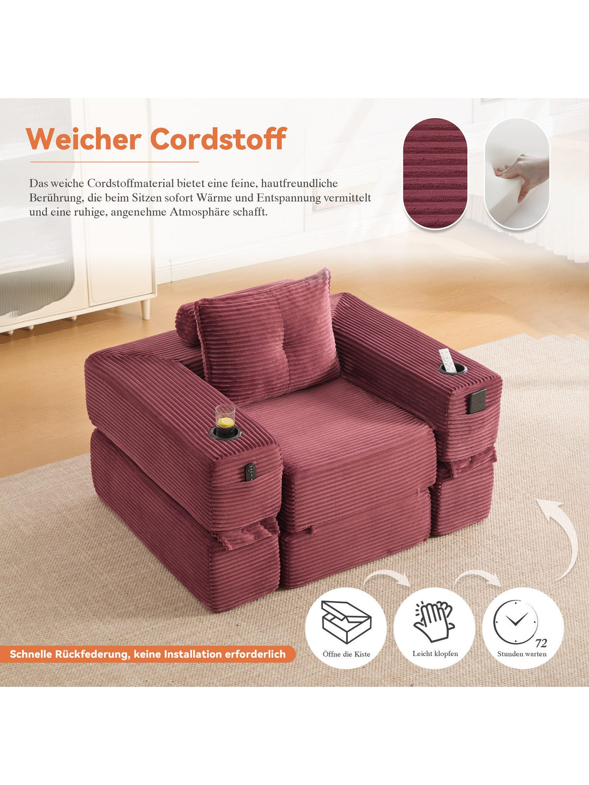 Cord Klappsofa CELYA ausgeklappt als Liegefläche