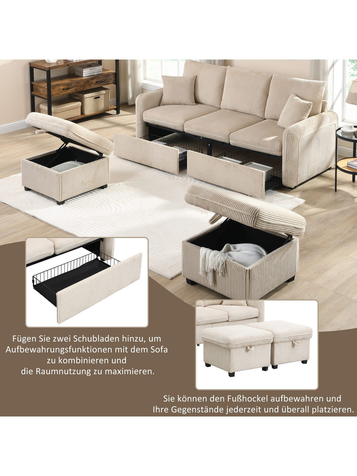 Beiges Cord Ecksofa im Wohnzimmer