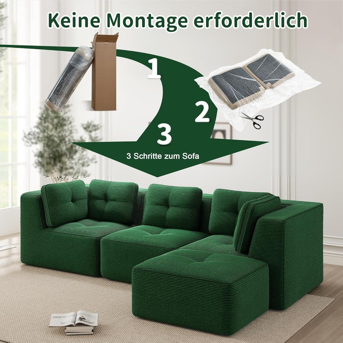 Grünes Cord Ecksofa im Wohnzimmer