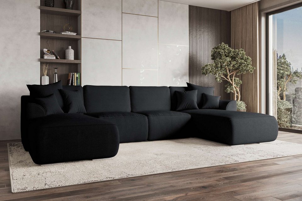 Schwarze Cord Wohnlandschaft GUSTO in U-Form mit 306 cm Breite