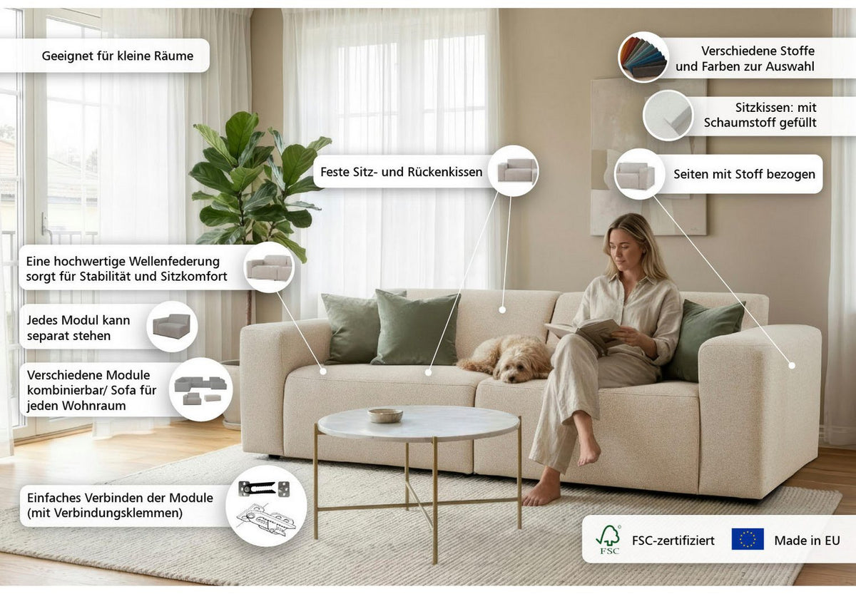 Weiche Sitzflächen des Cord Sofas KOA