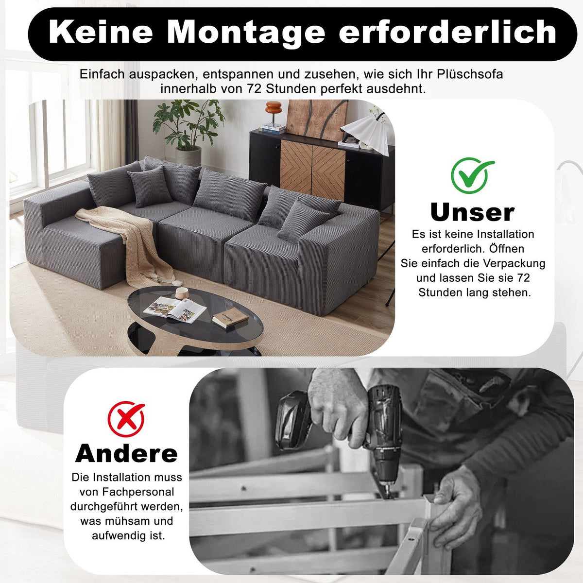Cord Ecksofa ANYSUN in Grau von der Seite