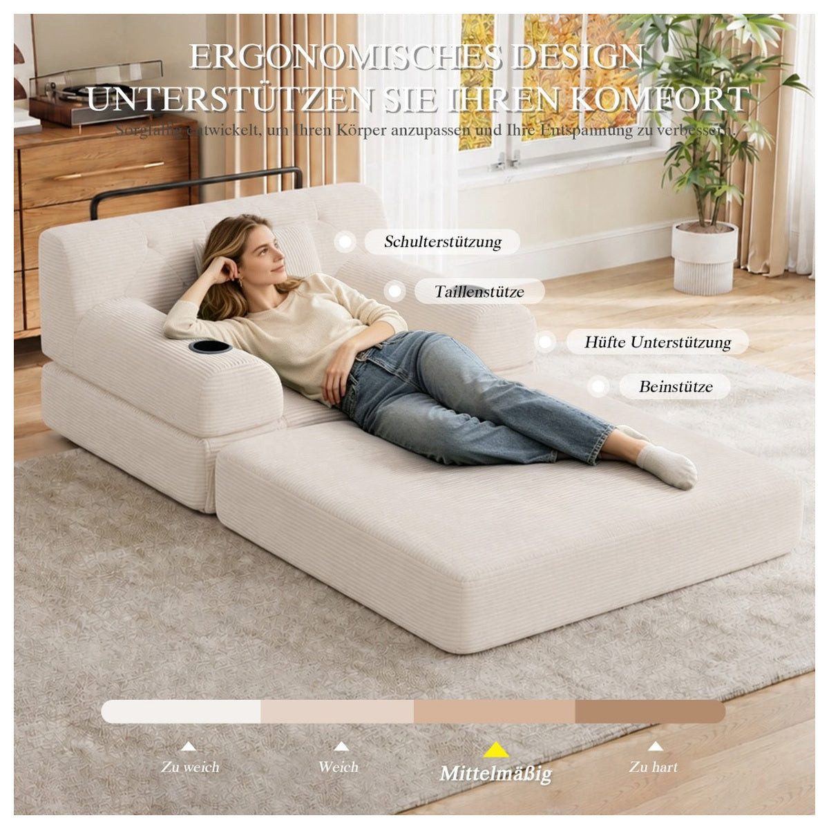 Cord Schlafsofa in Beige mit ausgeklappter Liegefläche