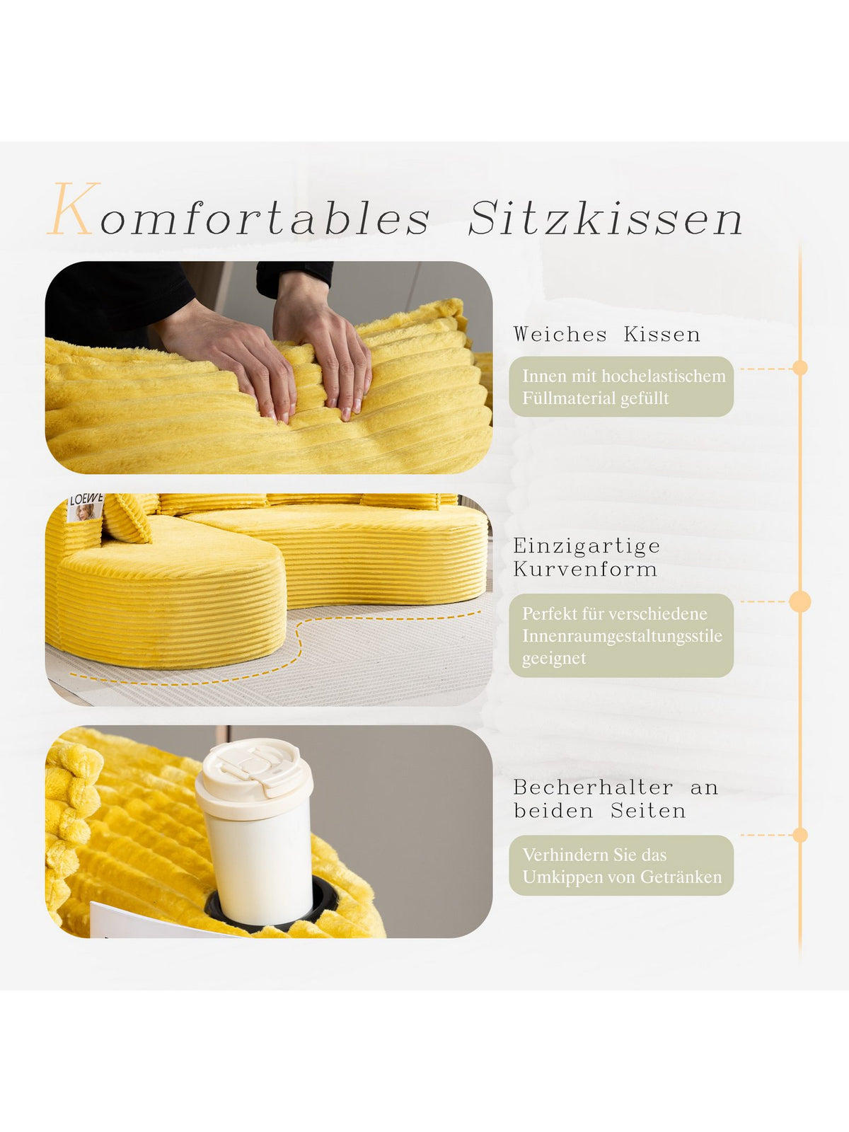 Integrierter Becherhalter in der Armlehne des Bogensofas