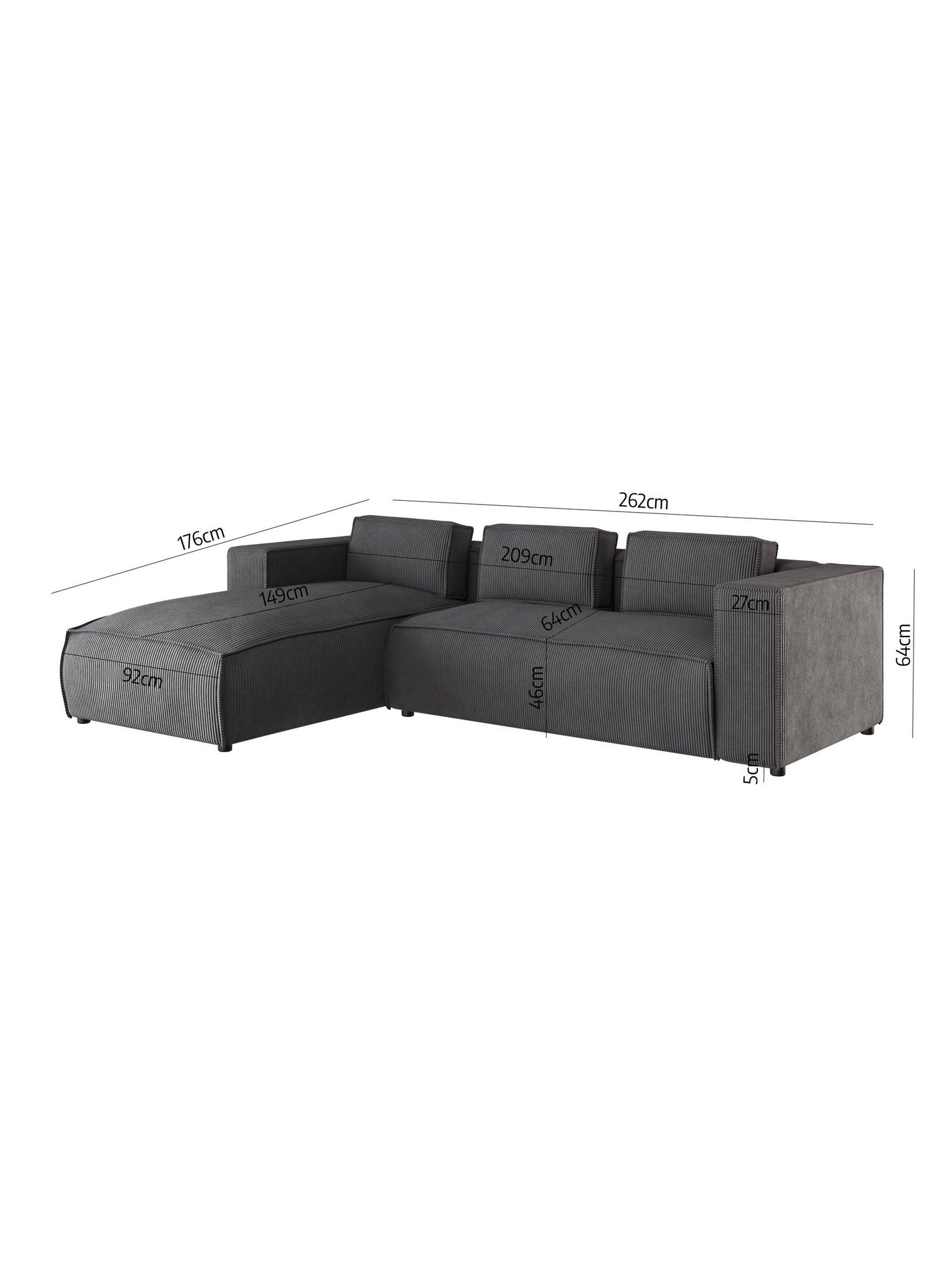 Seitenansicht des Cord Ecksofas RENNE in Grau