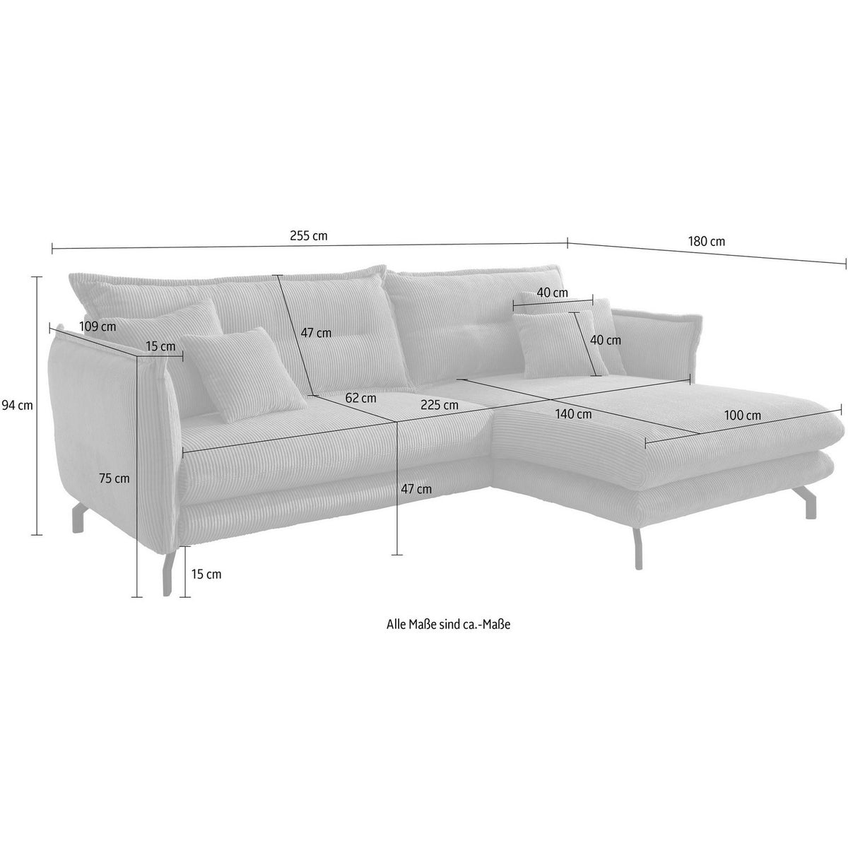 Cord Ecksofa LAVA mit Rücken- und Zierkissen