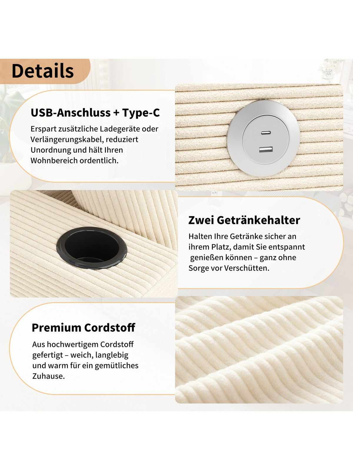 Detailansicht des Cordstoffs am XXL Doppelschlafsofa in Beige