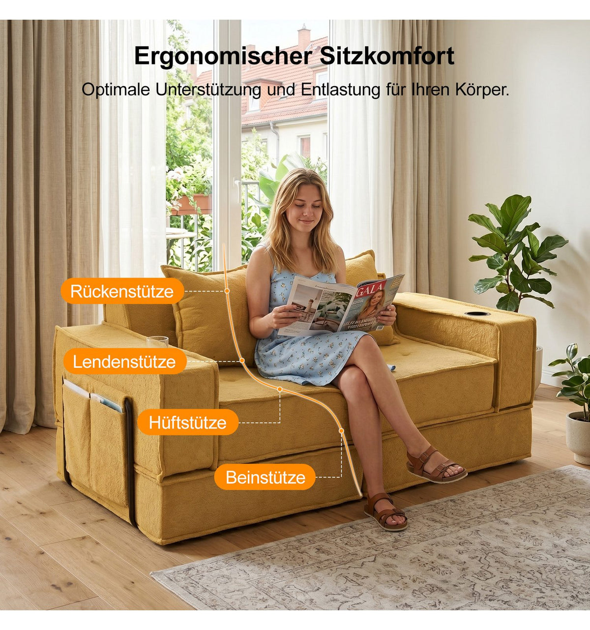 Getränkehalter und Seitentasche am Cord Bodensofa SET 5