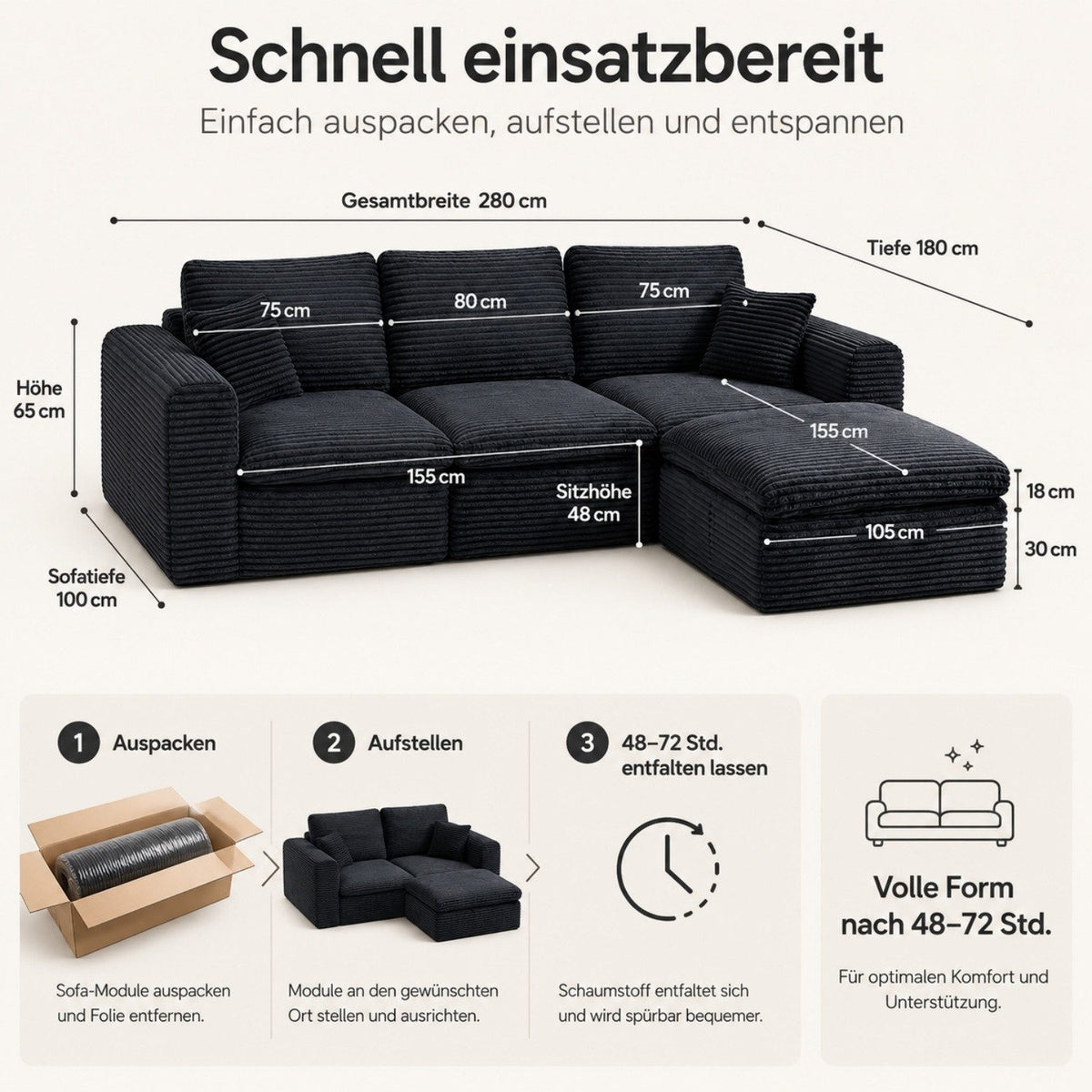 Seitenansicht des modularen Cord Ecksofas