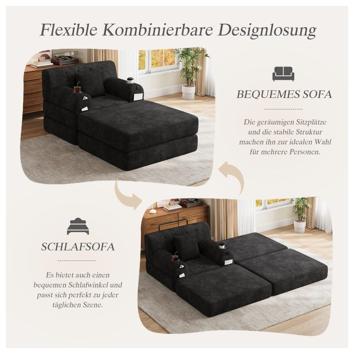 Detail der Polsterung des schwarzen Cord Sofas