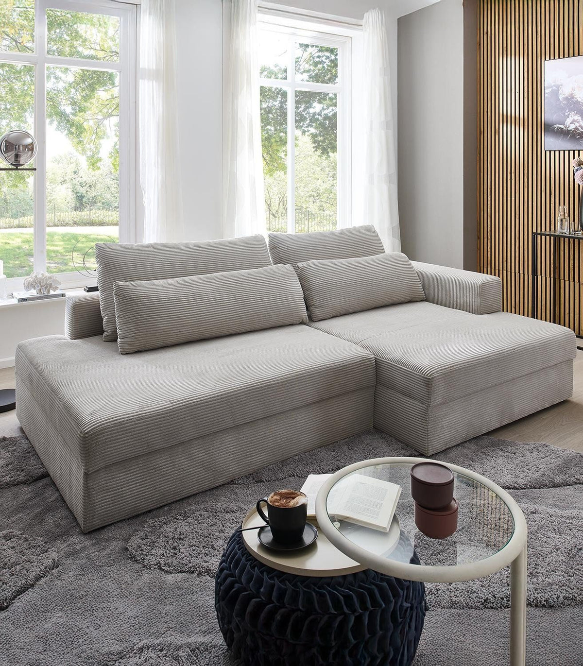 Cord Ecksofa SPLASH in Greige seitliche Ansicht