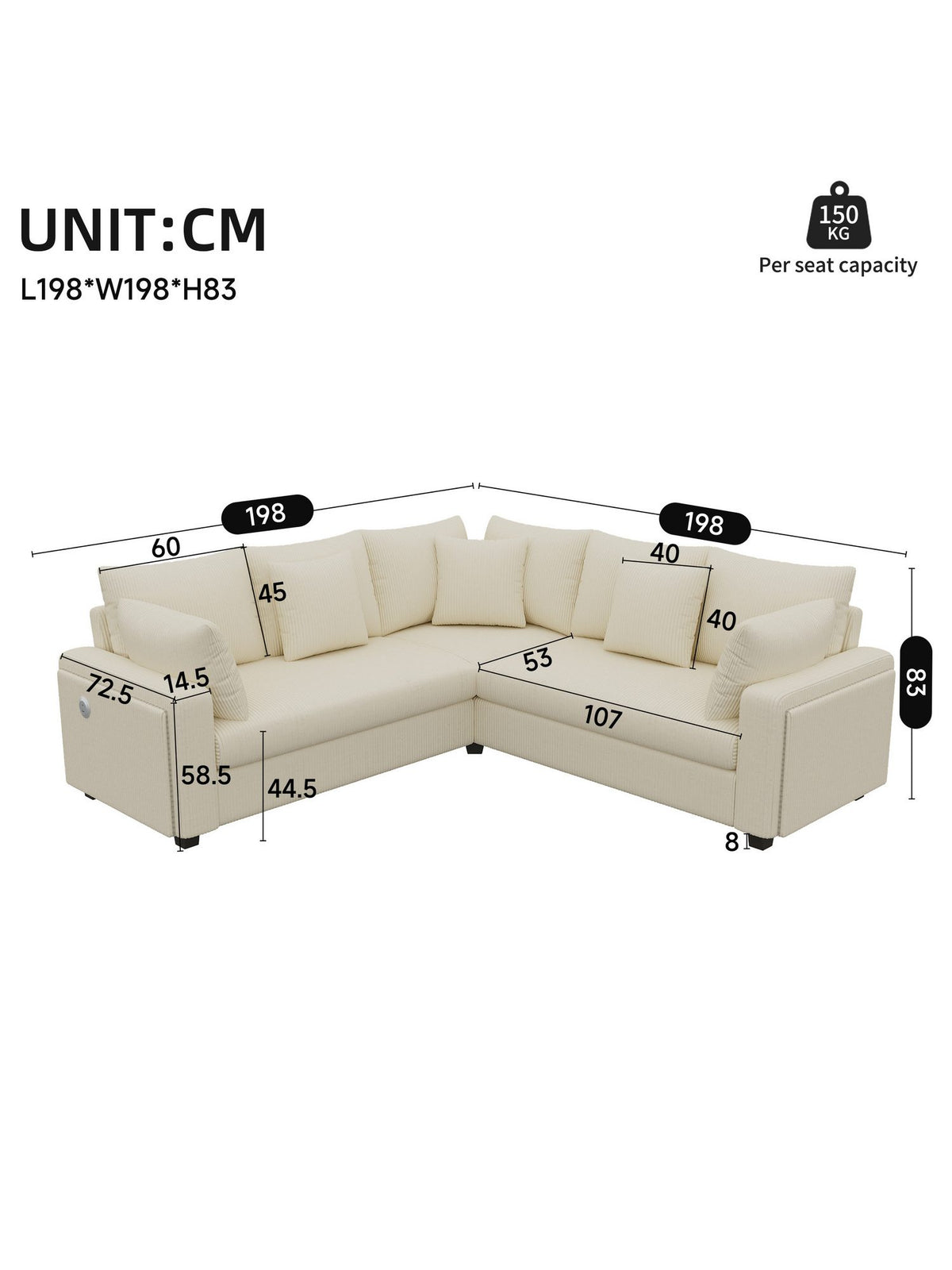 USB und USB-C Ladeanschluss am Cord Ecksofa