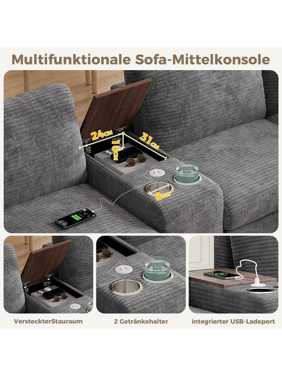 Mittelkonsole mit Getränkehaltern und USB-Anschluss