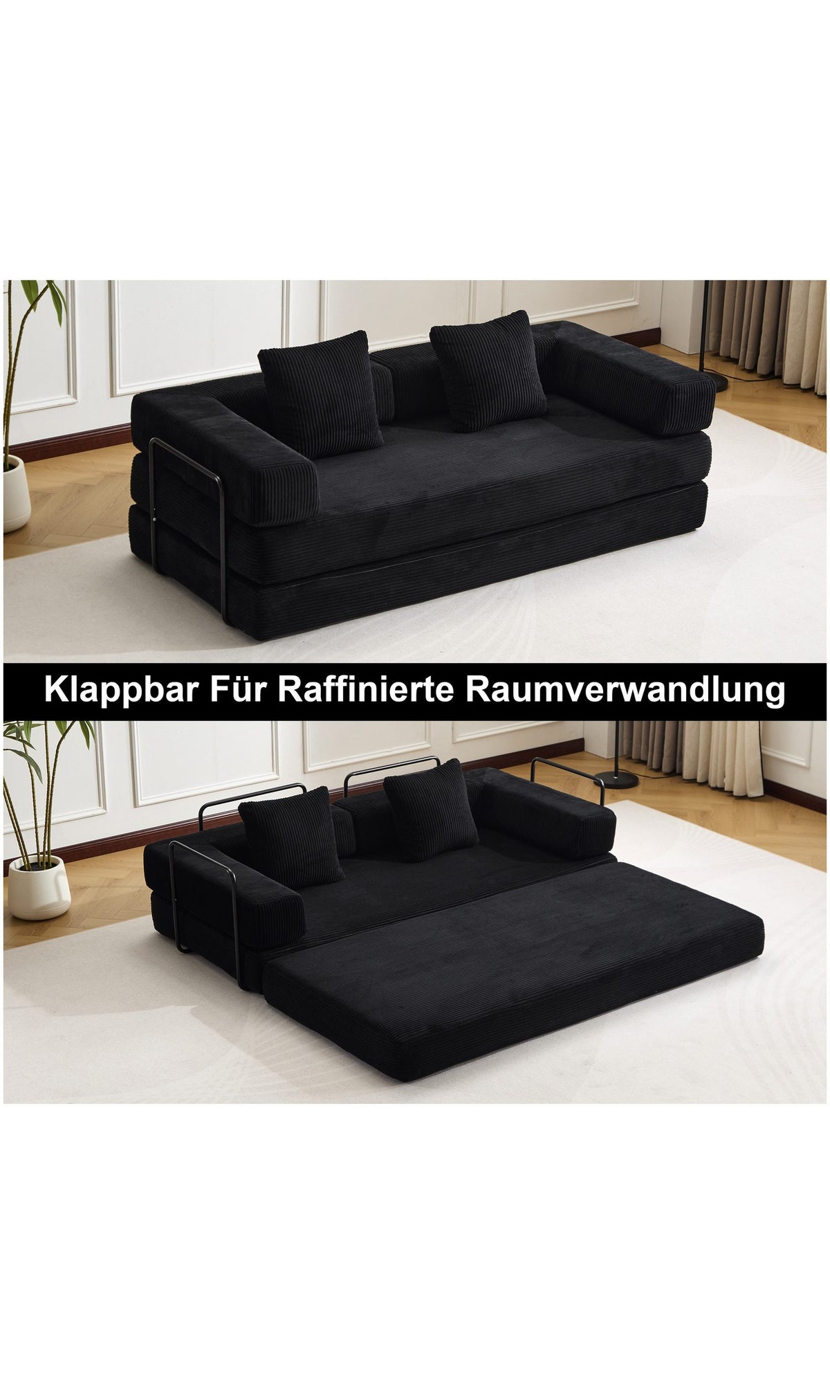 Faltbares Cord Bodensofa LEAWIN in Schwarz Gesamtansicht