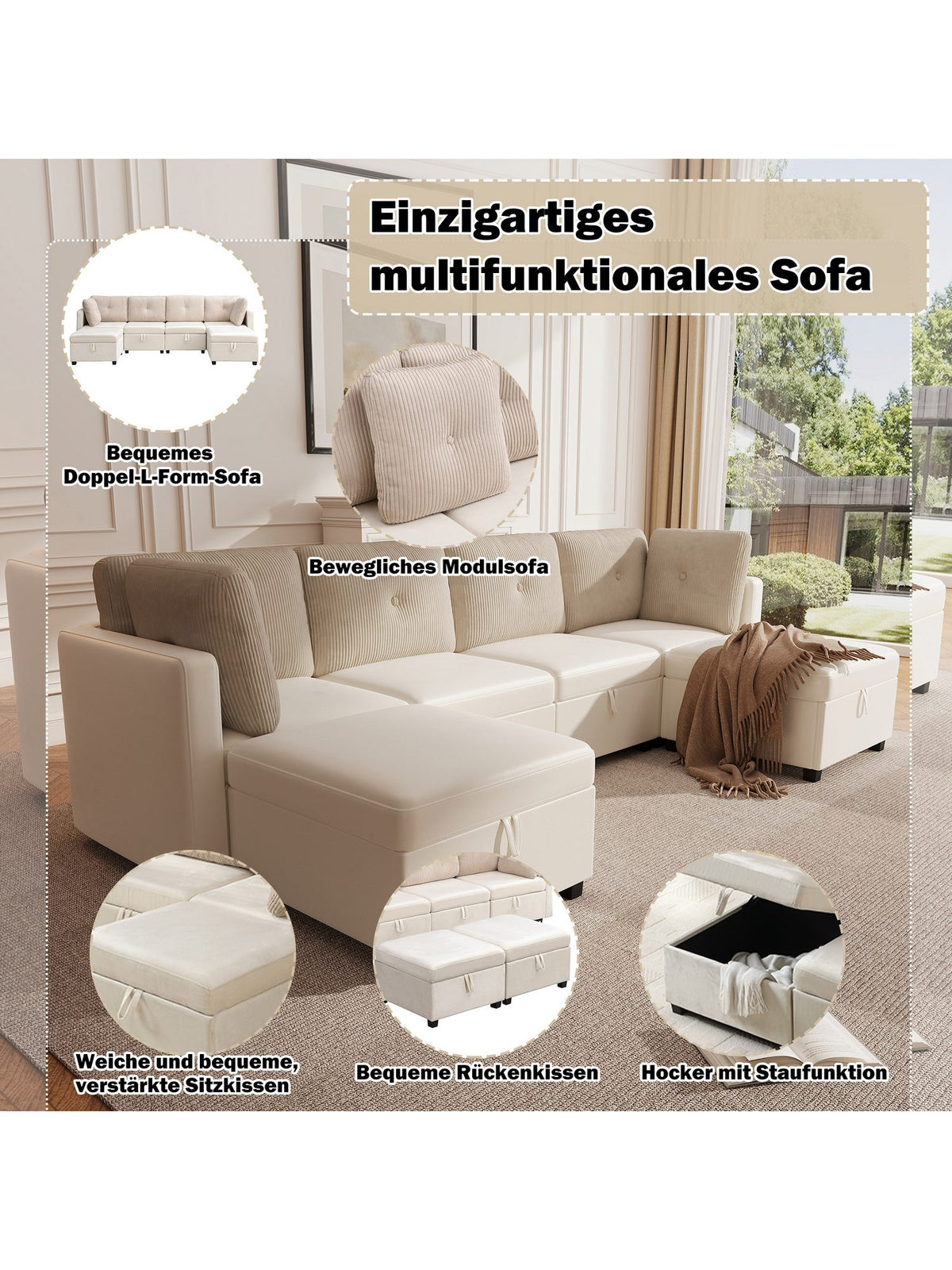 Modulares Cord Sofa in Beige Detailansicht der Rueckenkissen