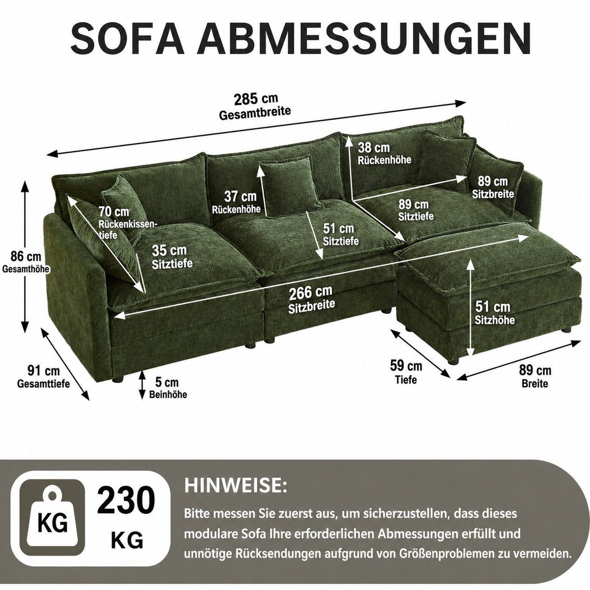 Kordstoff der grünen Wohnlandschaft in der Nahaufnahme