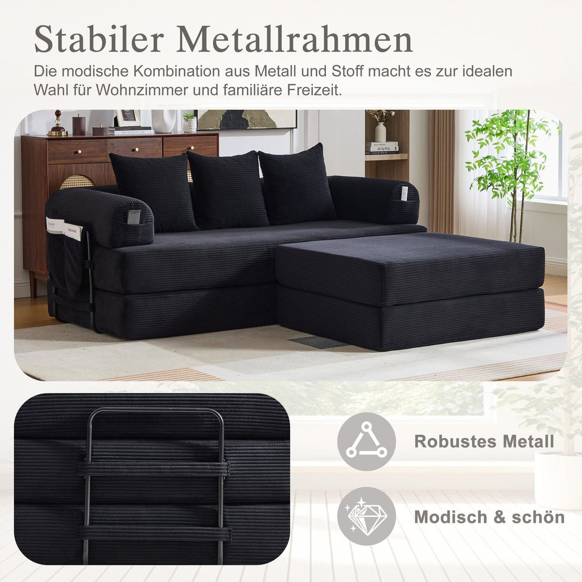 Modulares Cord Ecksofa in Schwarz Frontansicht